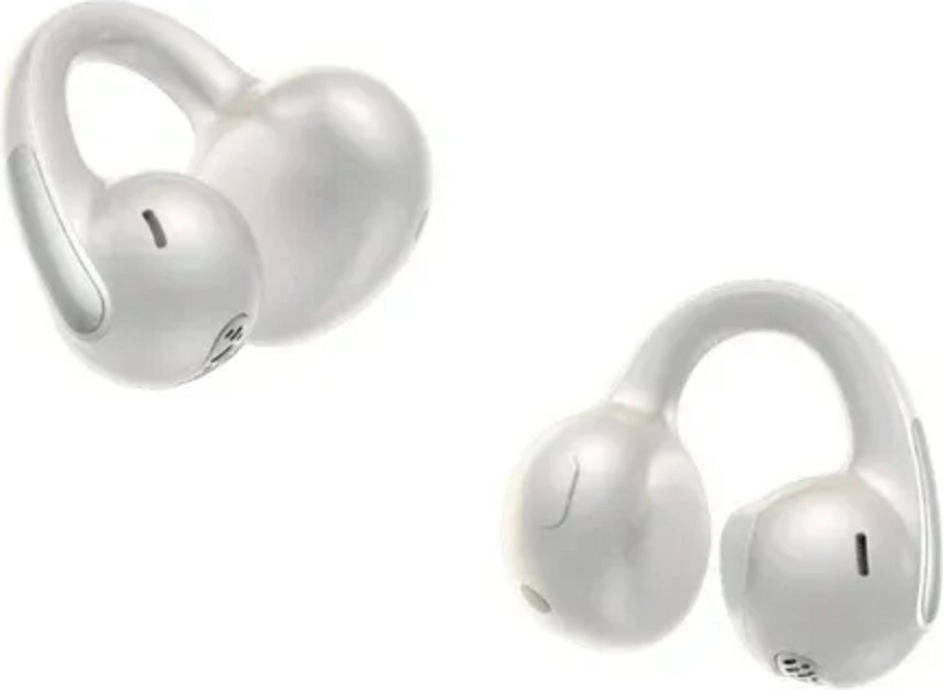 Due auricolari bianchi wireless con accenti argentati su sfondo bianco.