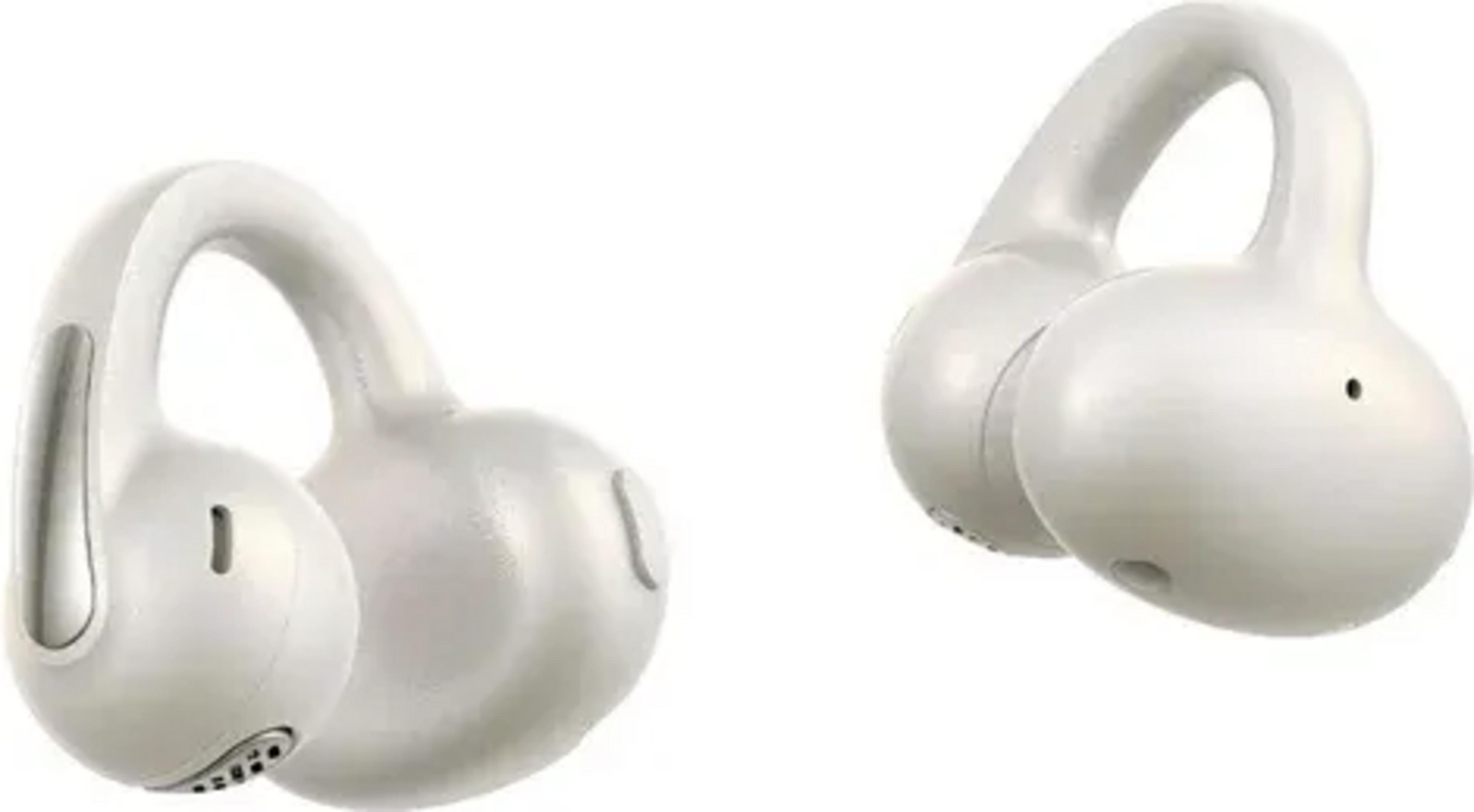 Due auricolari wireless bianchi con ganci per l'orecchio su sfondo bianco.