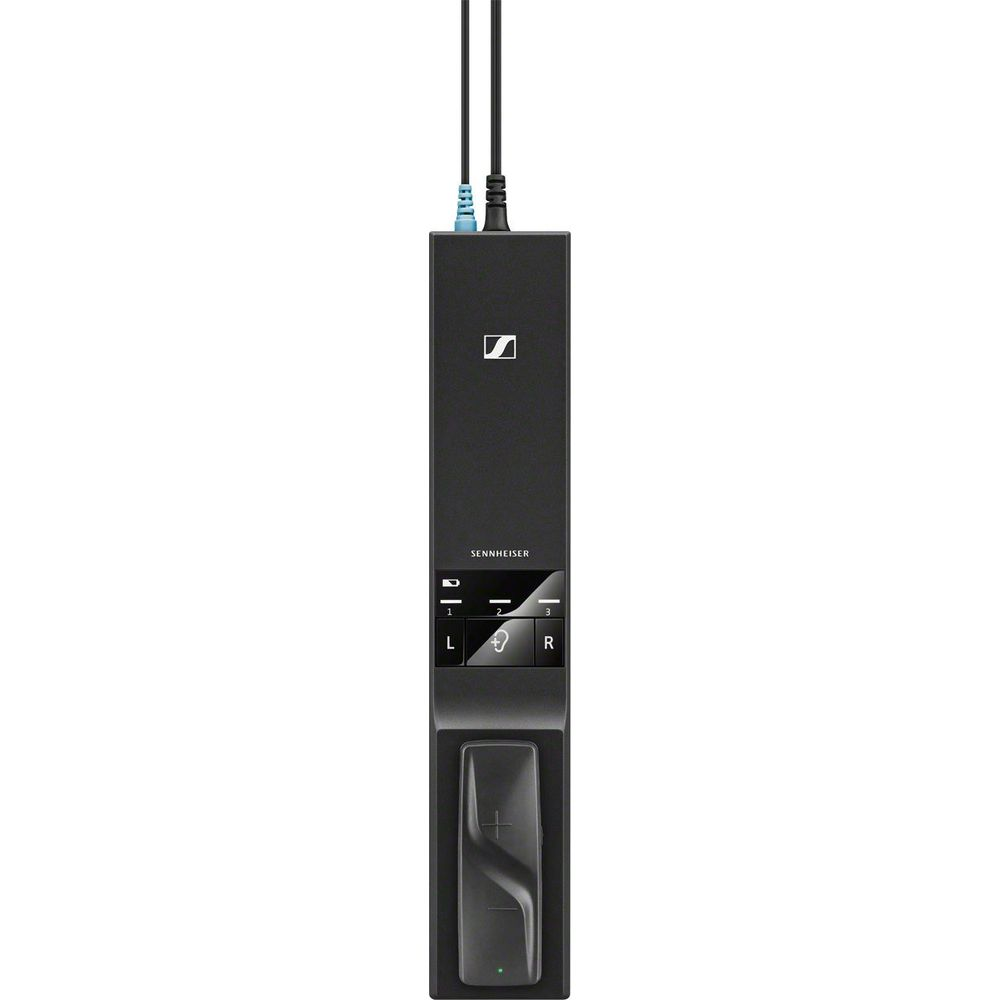 Schwarzes Sennheiser-Gerät mit Kabeln, Display und Bedienelementen.
