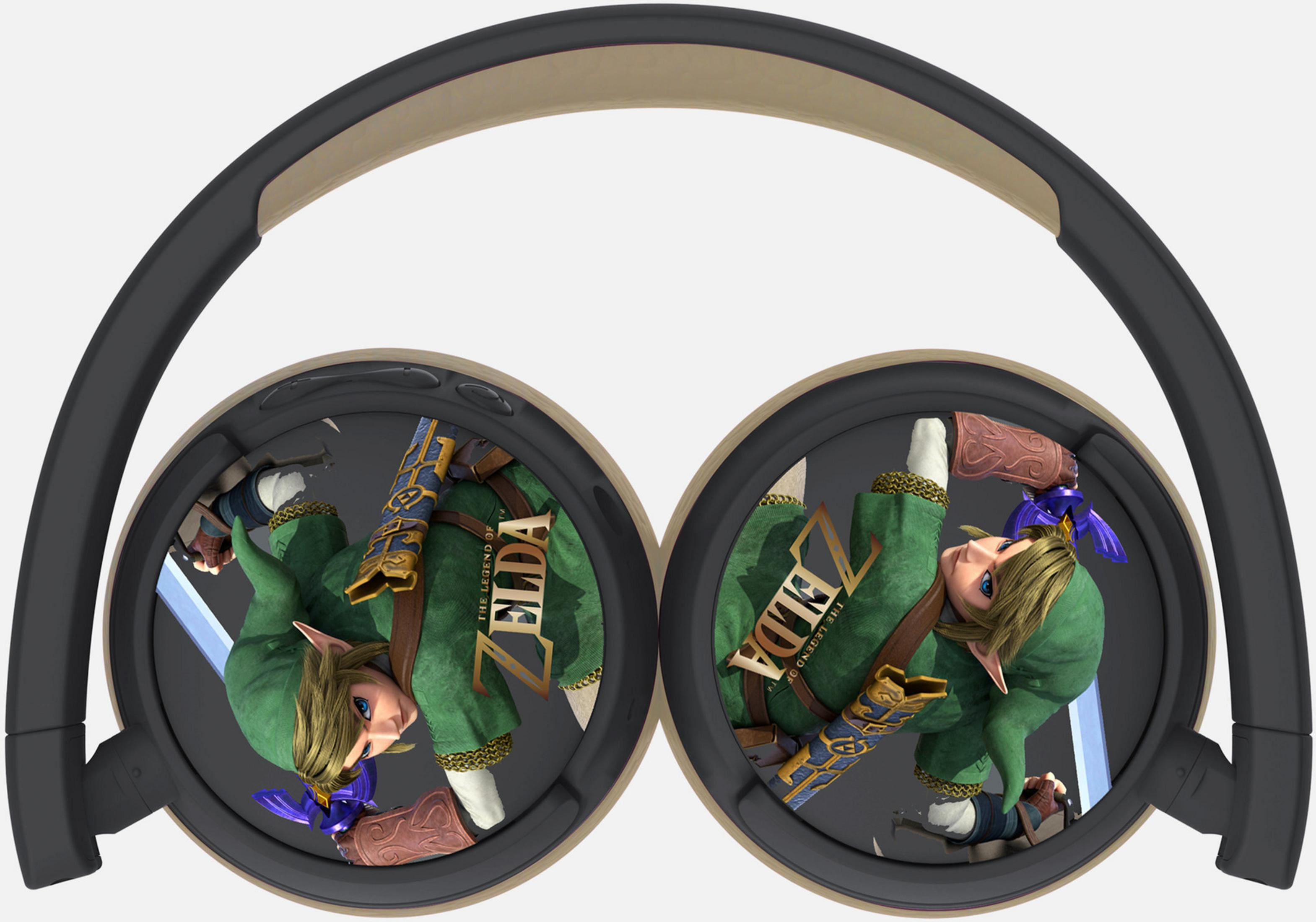 Koptelefoon met Link uit Zelda, in een groene tuniek met een zwaard.