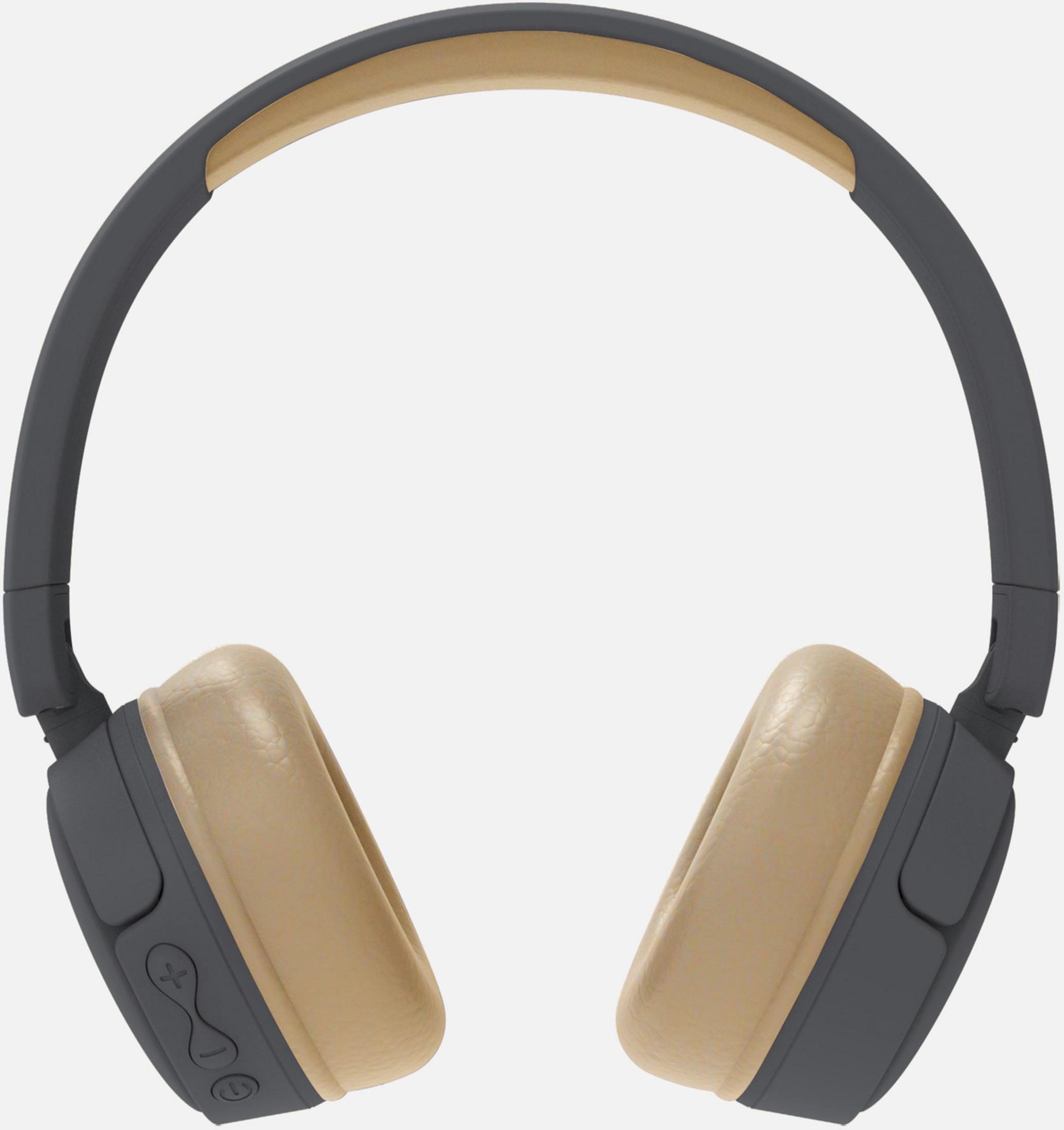 Grijze koptelefoon met beige vulling en bedieningsknoppen.