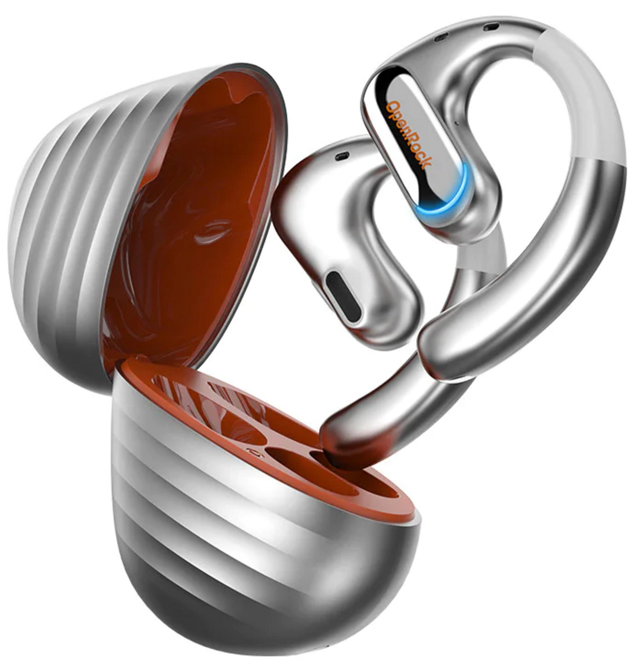Auricolari argentati con custodia di ricarica aperta foderata in rosso.