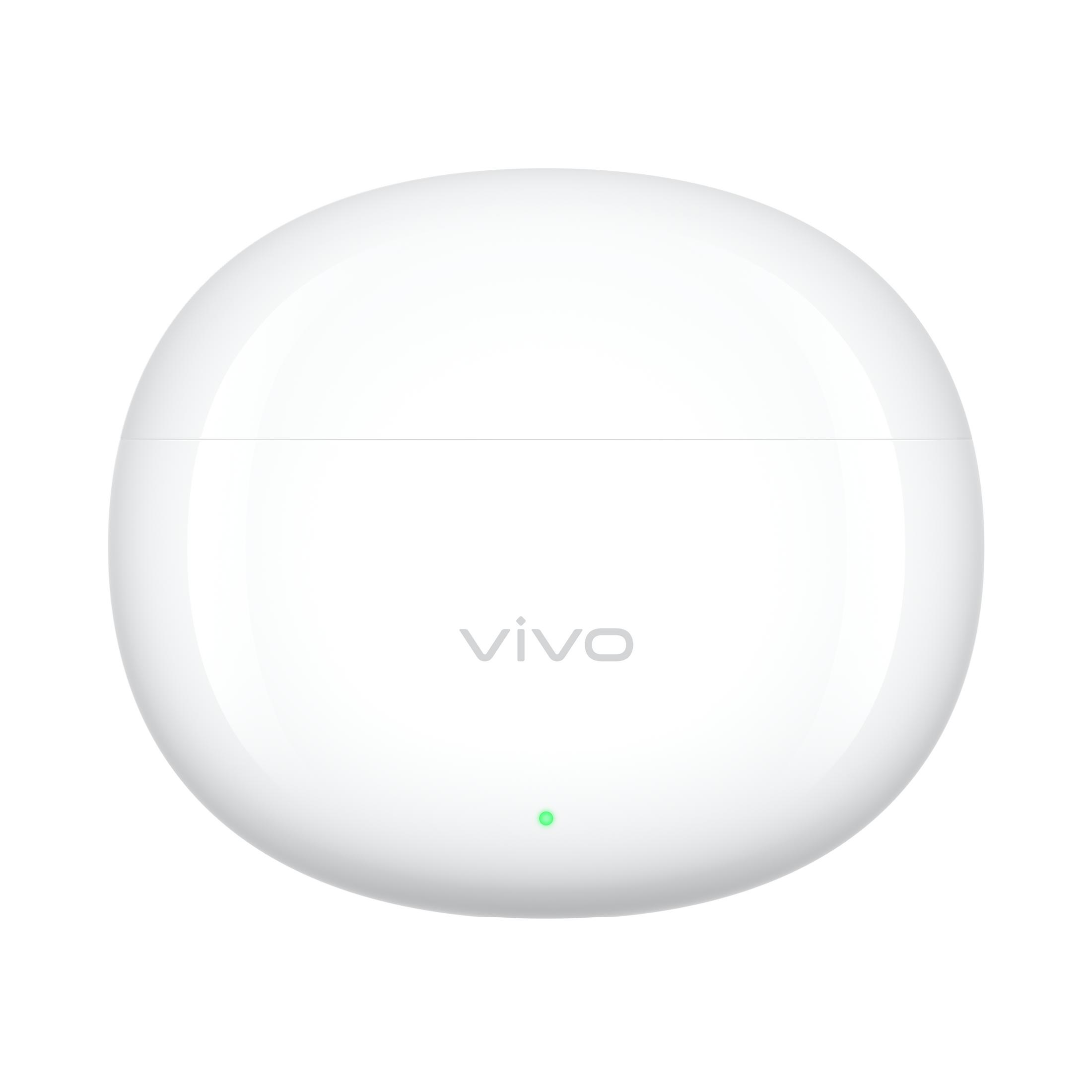 Weiße Vivo-Kopfhörerhülle mit grünem Lämpchen und Vivo-Logo.