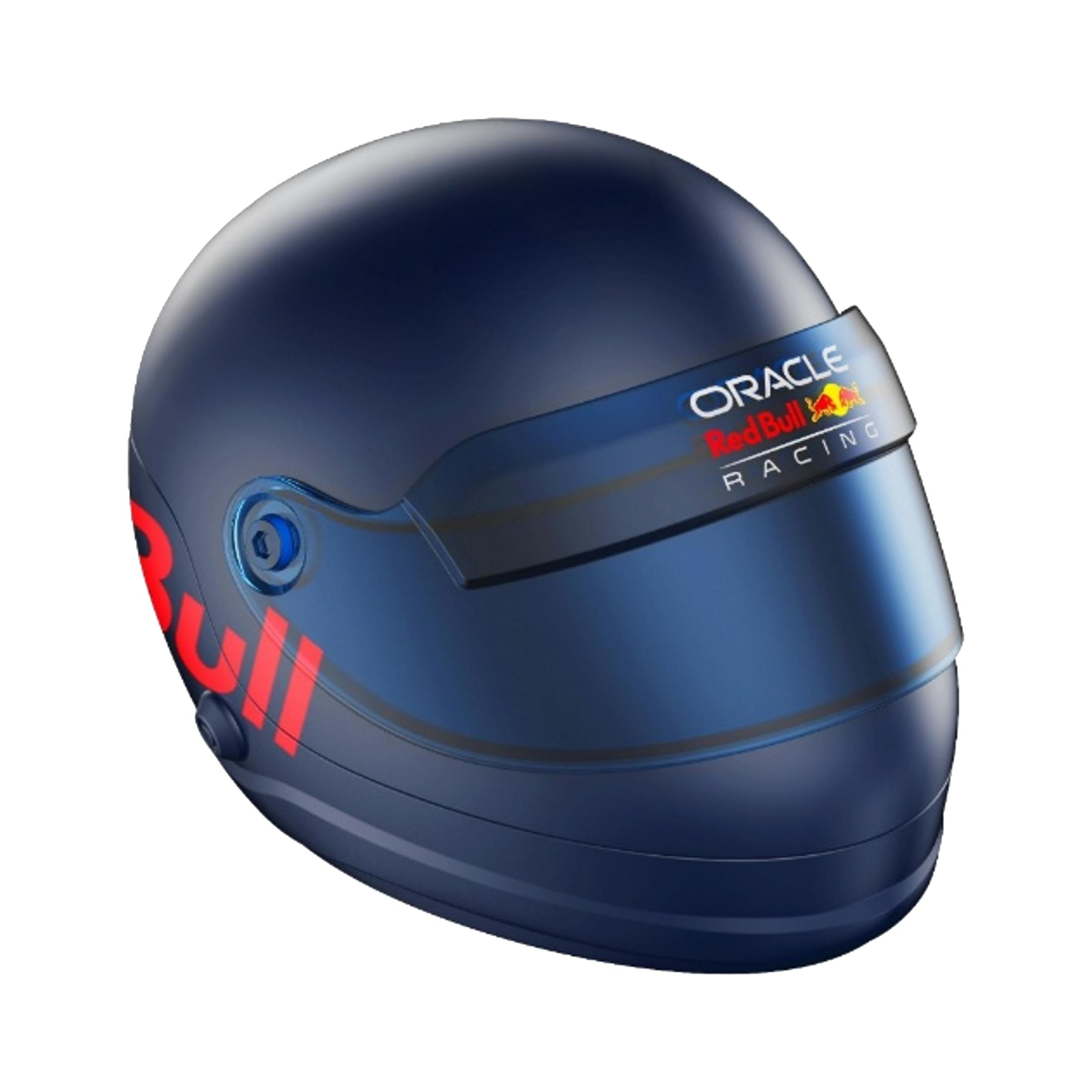 Dunkelblauer Helm mit roten Bullen- und Oracle-Logos, Visier.