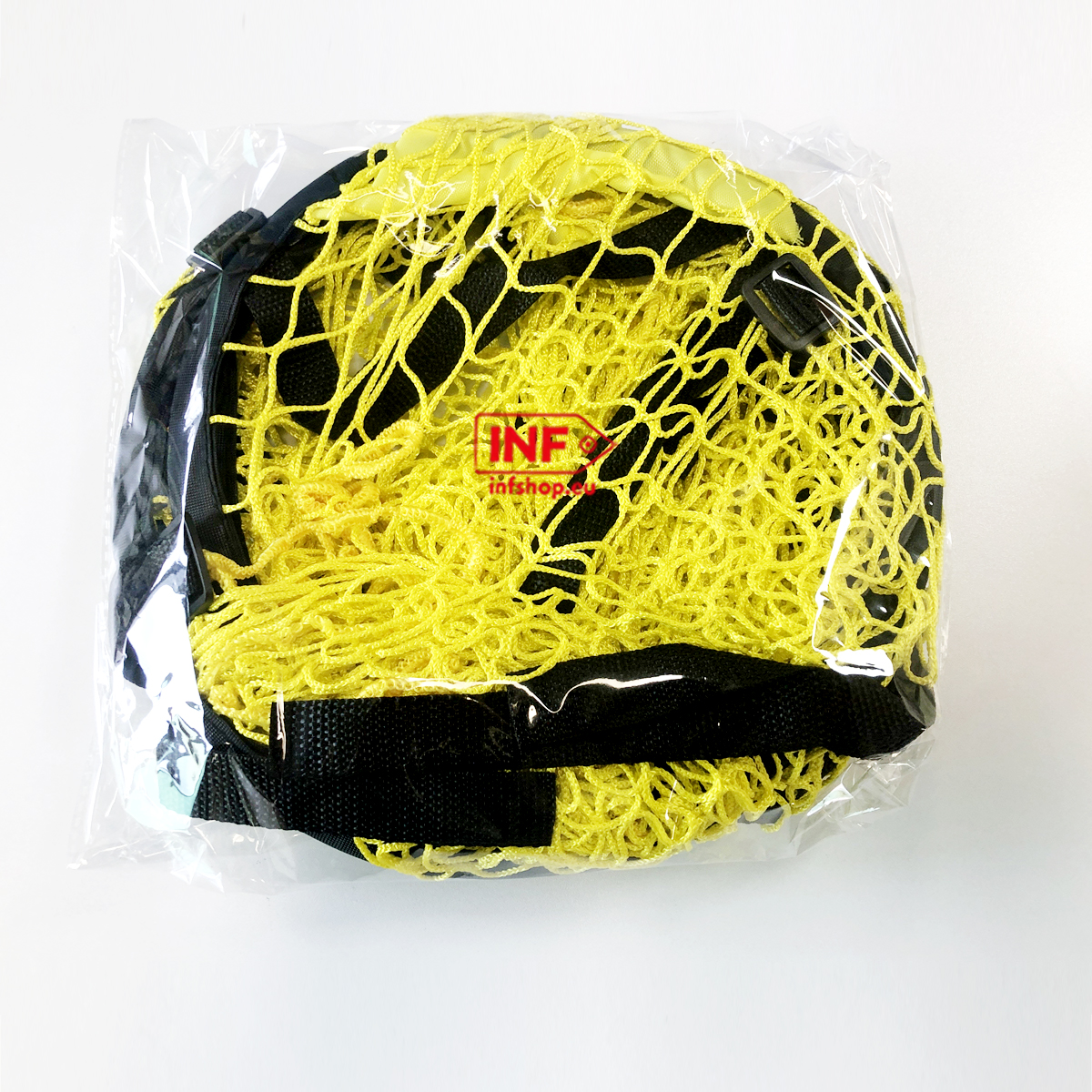 Rete gialla con cinghie nere, confezionata in plastica.