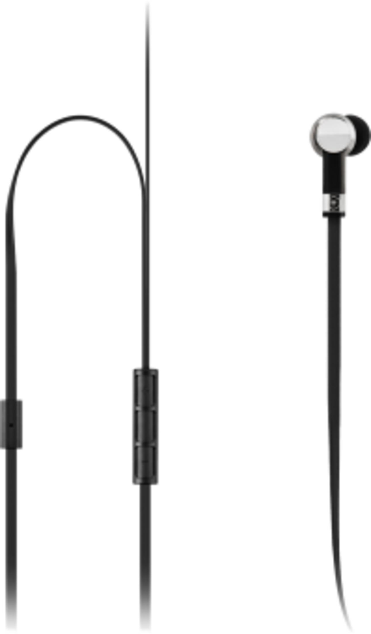 Auricolari neri con cappuccio argentato e controlli in linea su sfondo bianco.