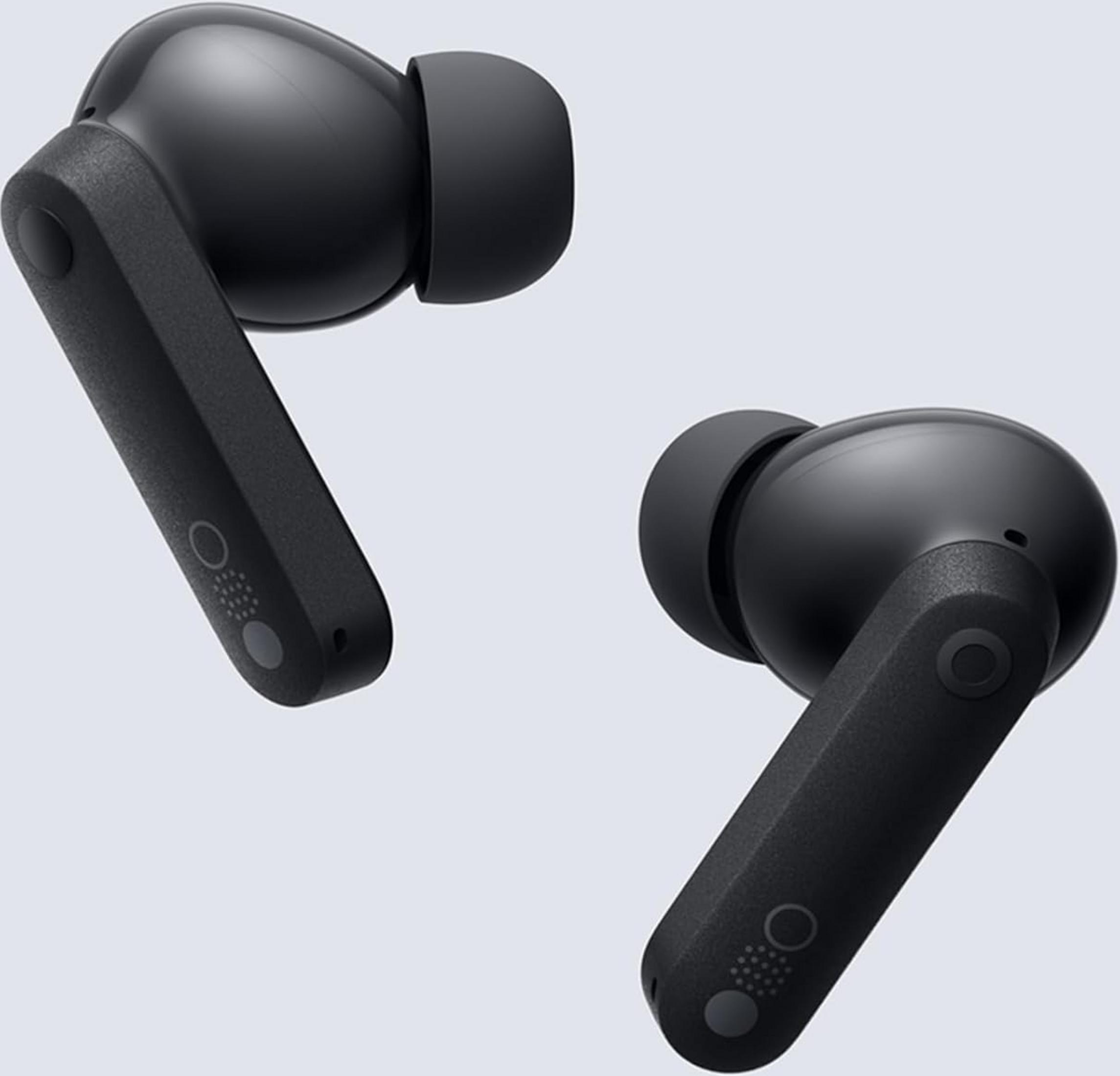 Due auricolari wireless neri con stelo, su sfondo grigio.
