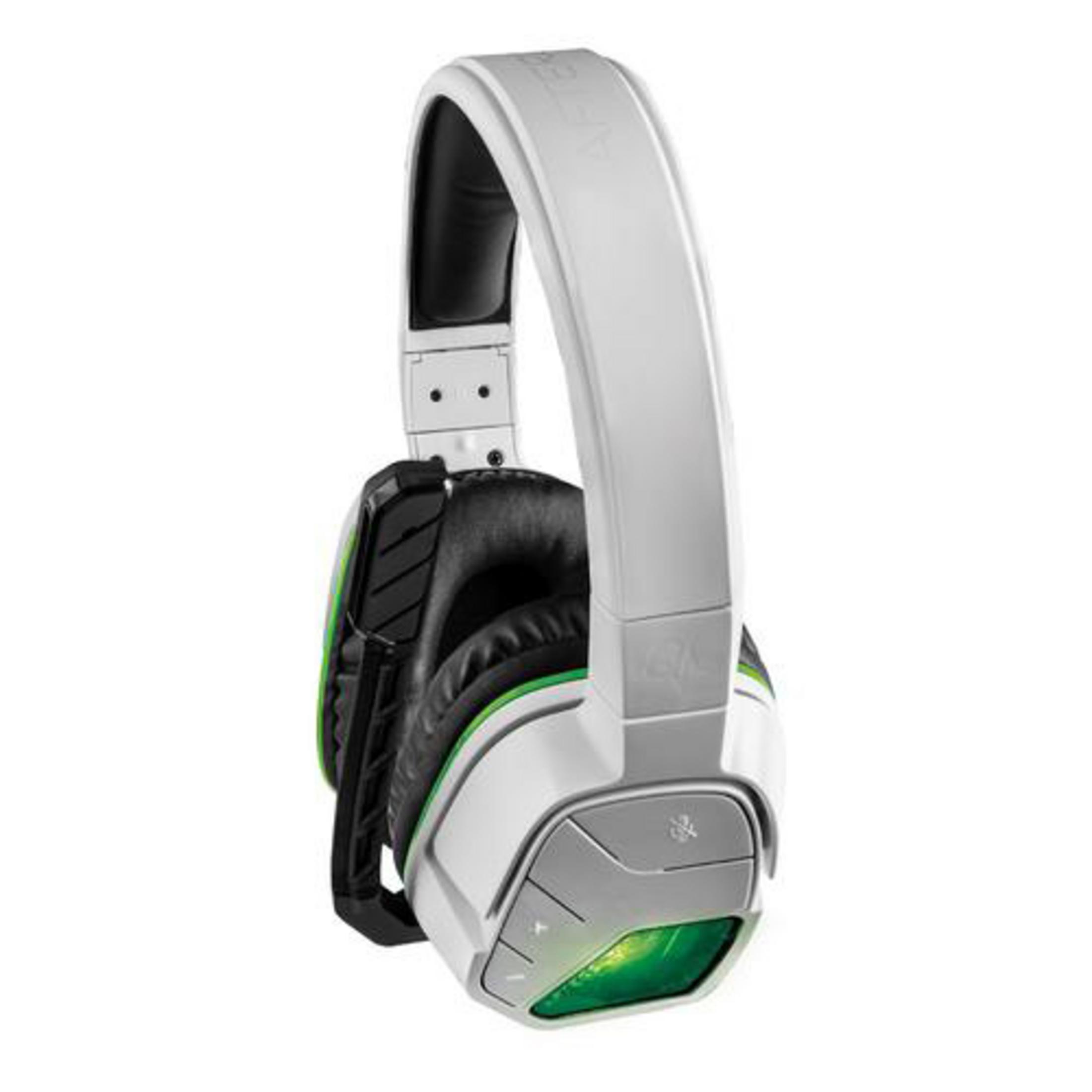 Cuffie da gaming bianche con padiglioni neri e accenti verdi su sfondo bianco.