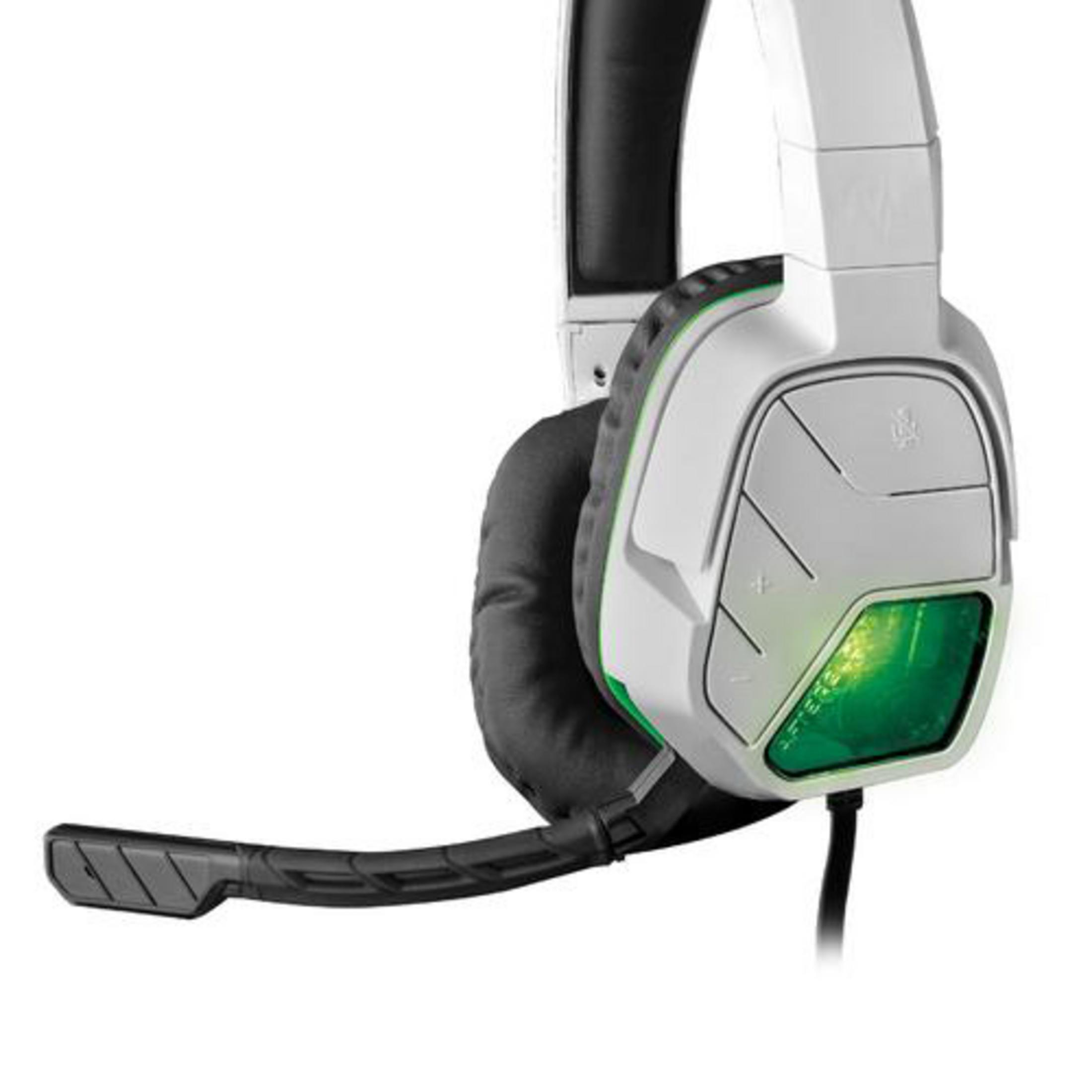 Cuffie bianche con microfono e illuminazione verde. Primo piano.