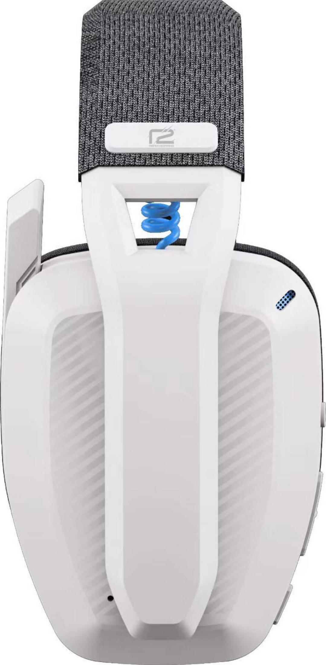Weißes Headset mit grauem Stoffband und blauer Spulenfeder.
