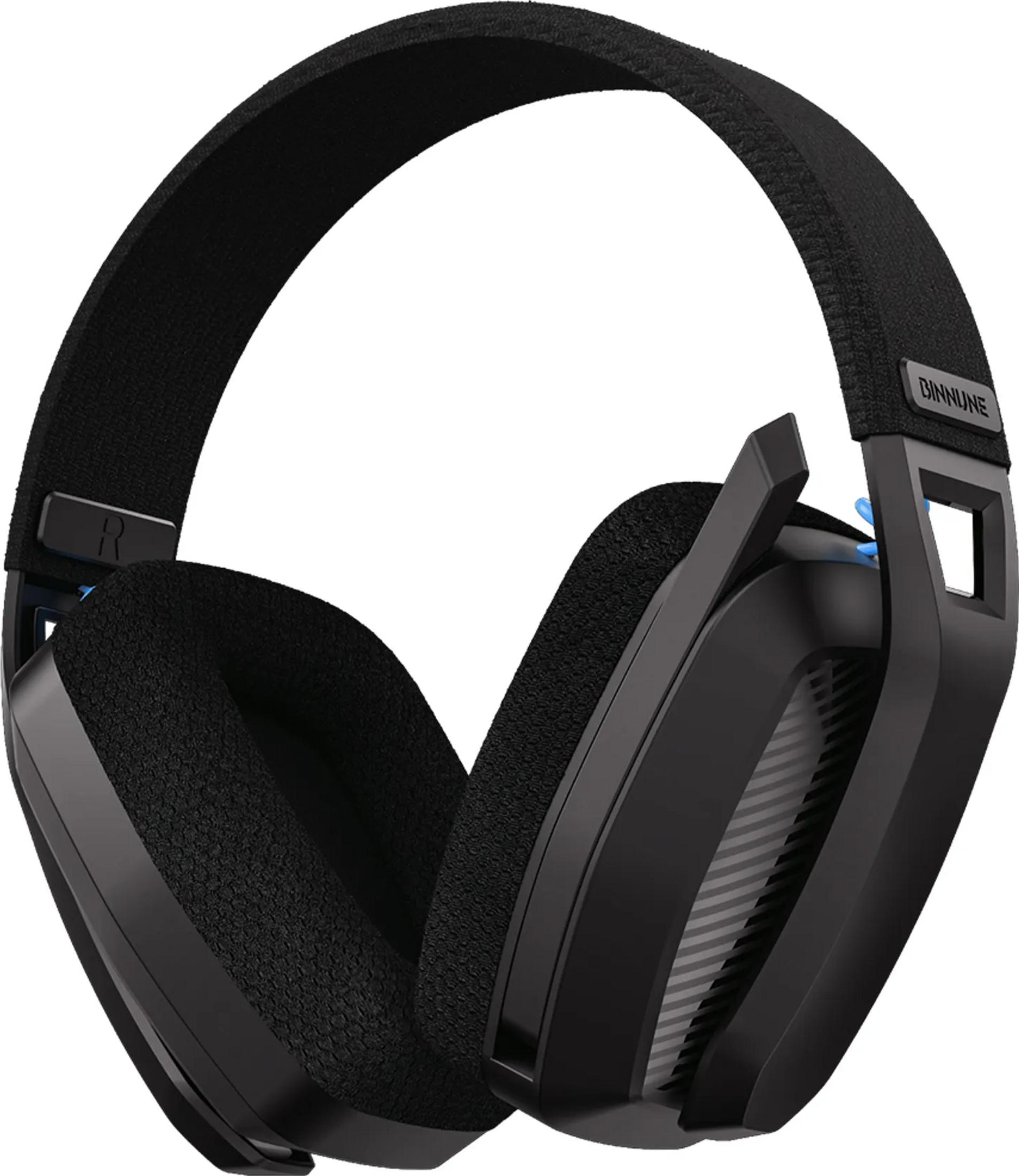 Cuffie da gaming nere con padiglioni imbottiti e archetto regolabile. Dettagli blu.