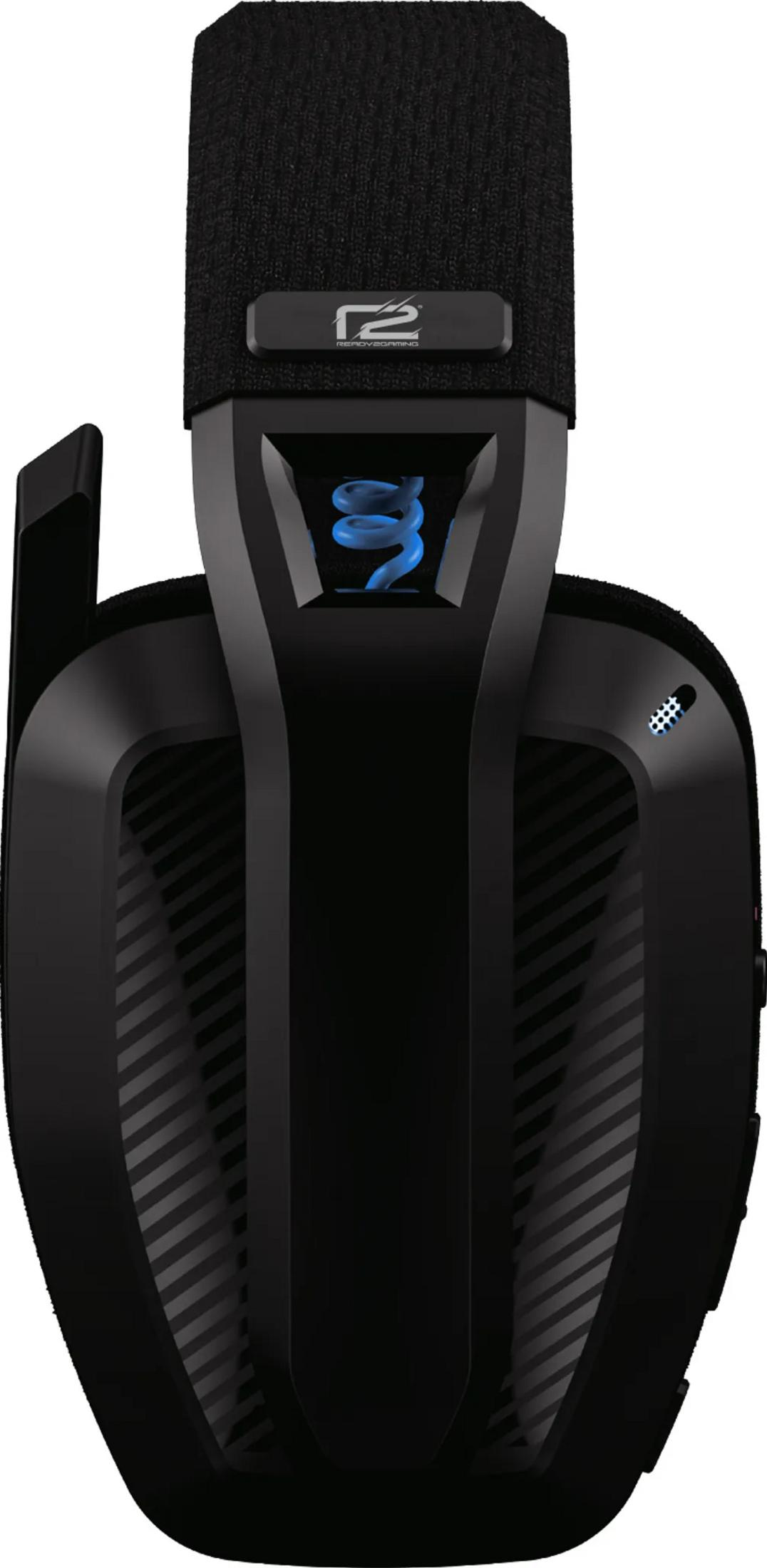 Cuffie da gaming nere ravvicinate con accenti LED blu.