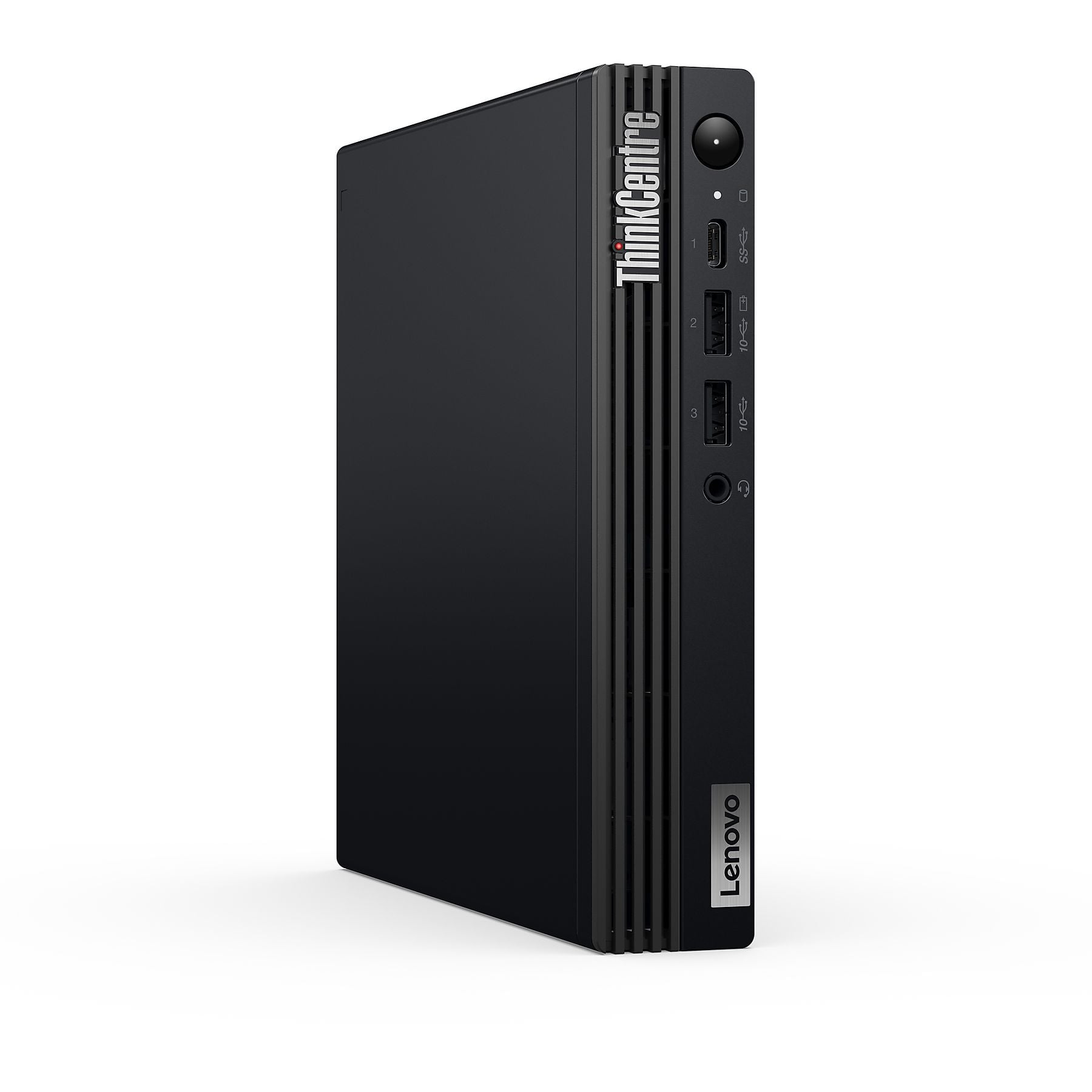 Mini PC nero Lenovo ThinkCentre con porte USB e pulsante di accensione.
