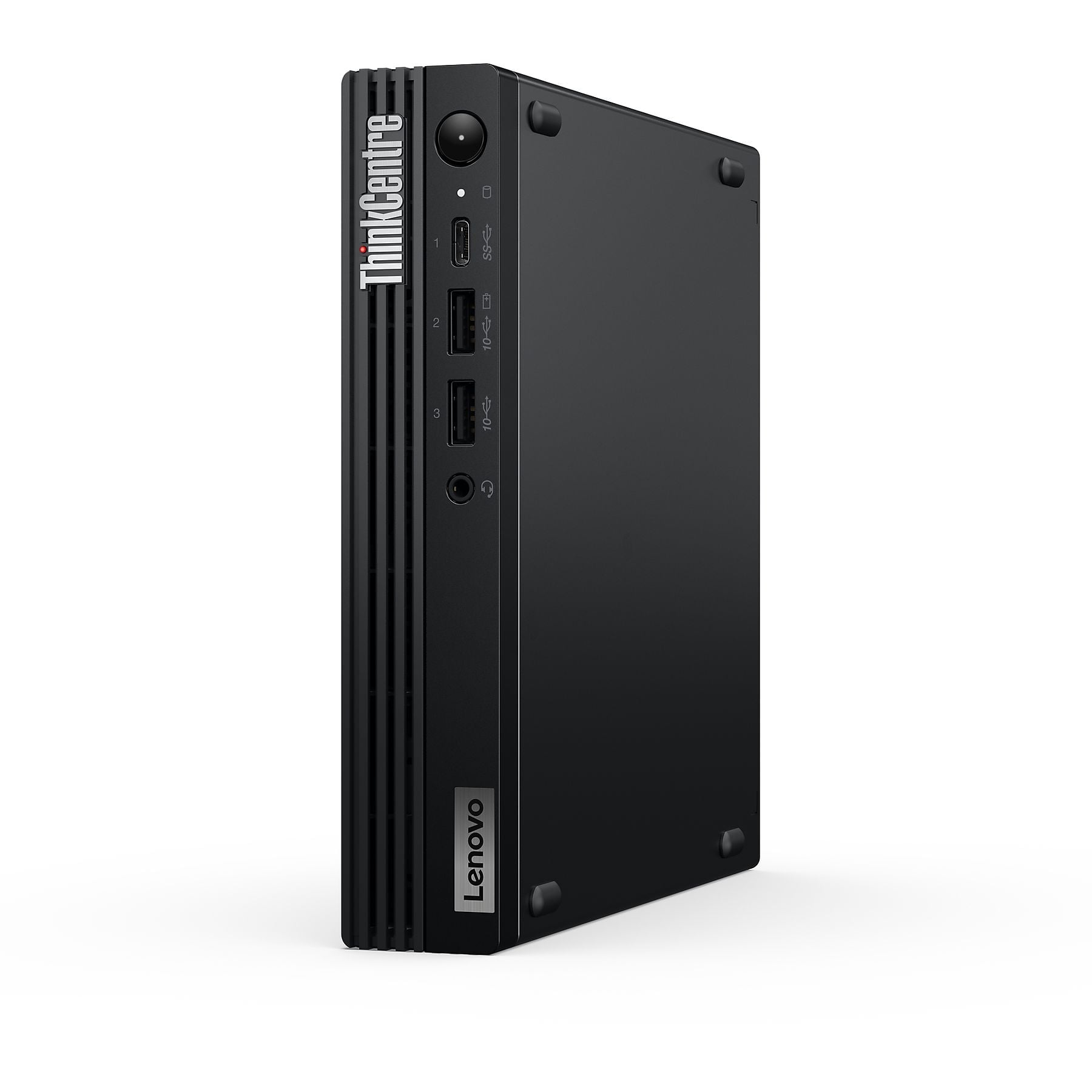 Mini PC Lenovo ThinkCentre nero con porte e fessure di ventilazione.
