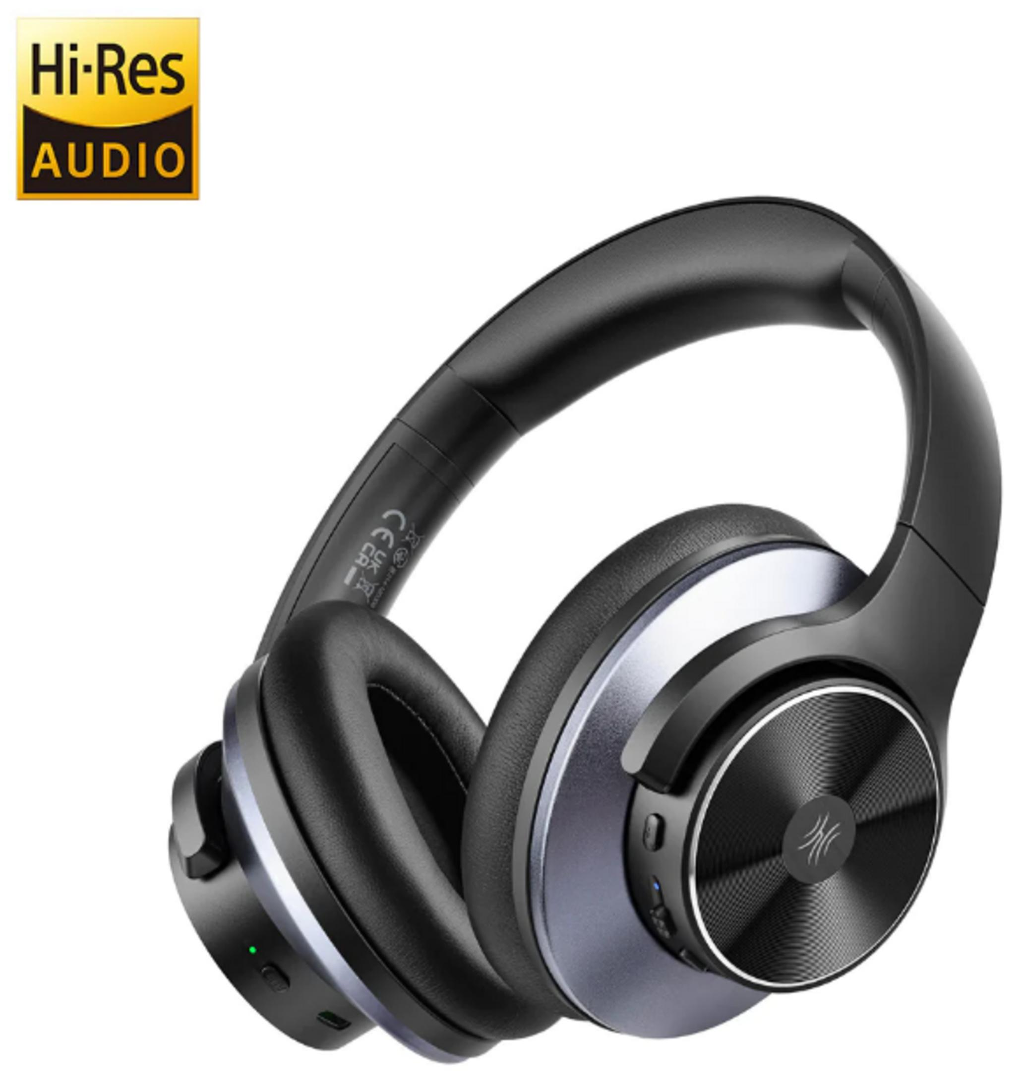 Black over-ear headphones with silver accents and Hi-Res Audio logo.