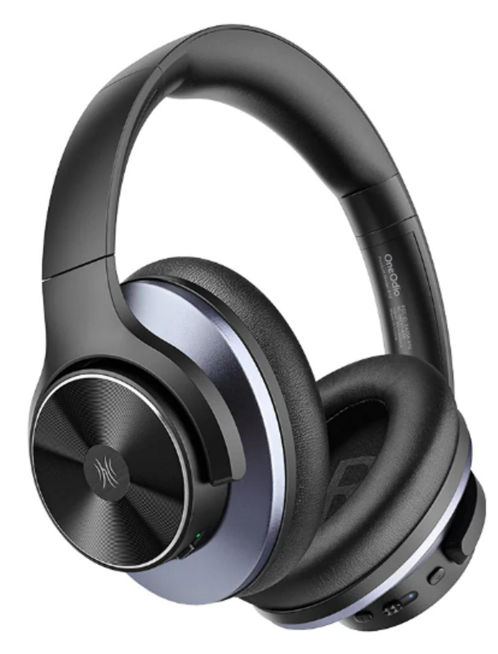Black over-ear headphones with a blue accent and a circular patterned ear cup.