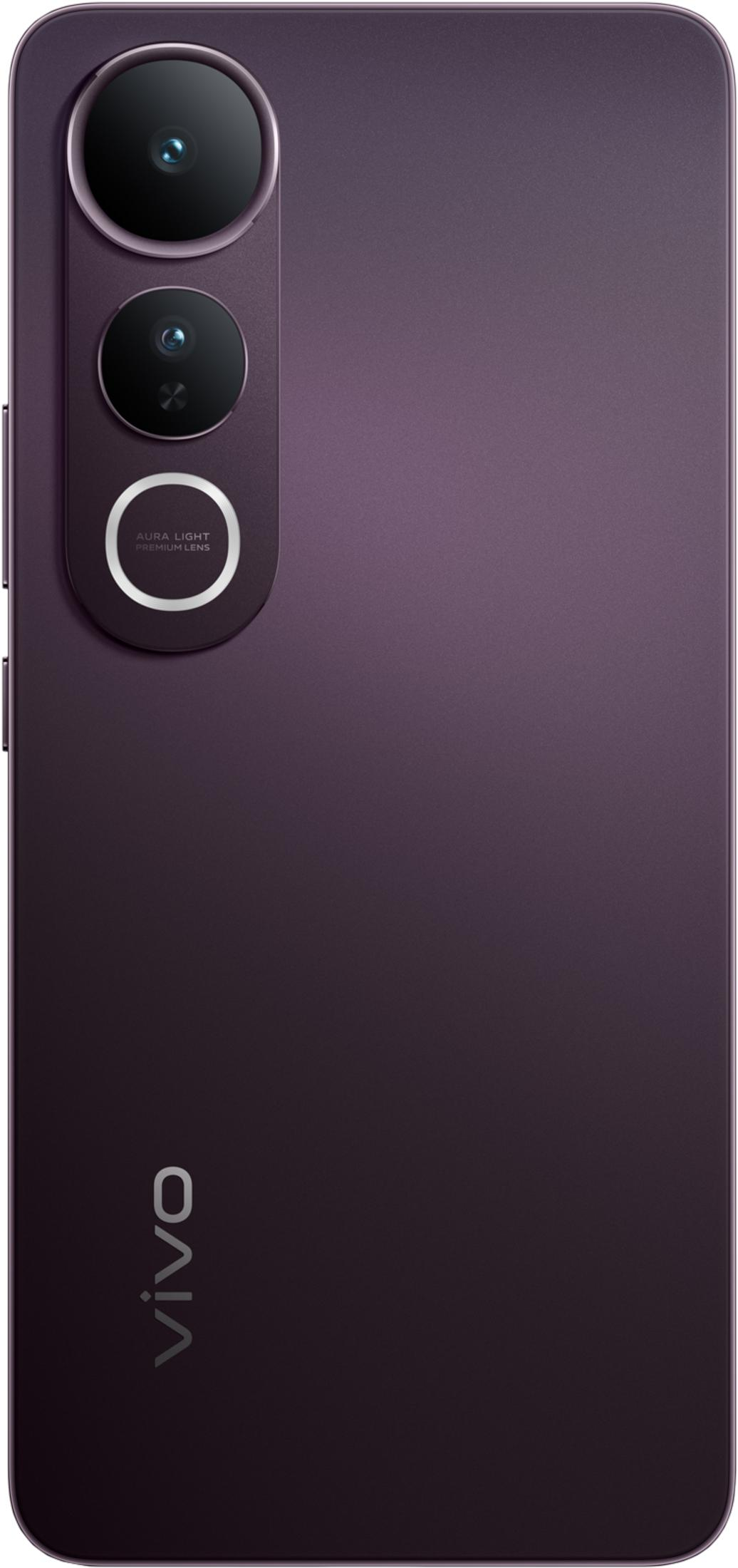 Ein lila Vivo Smartphone mit drei Kameras und Aura Light.