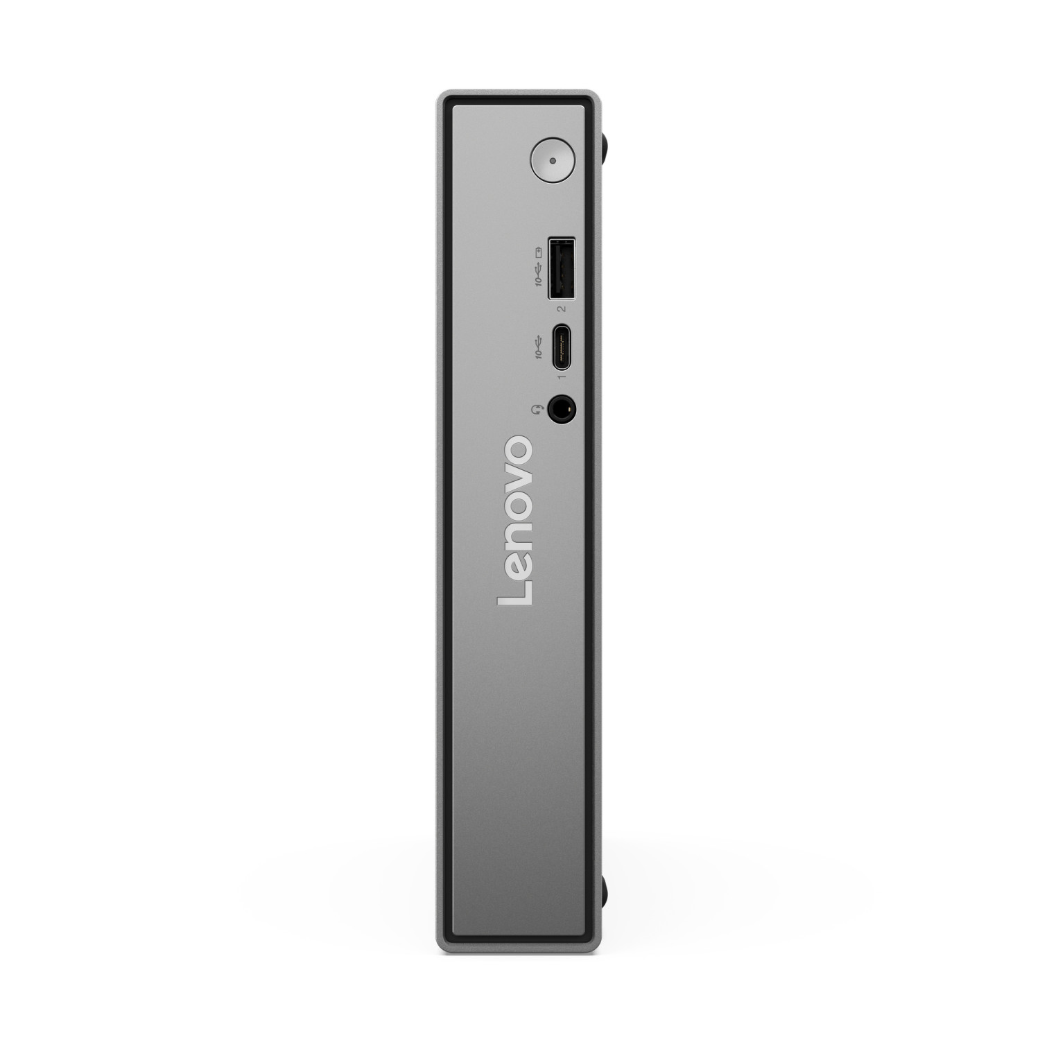 Mini PC Lenovo grigio con porte USB, jack cuffie e pulsante di accensione.