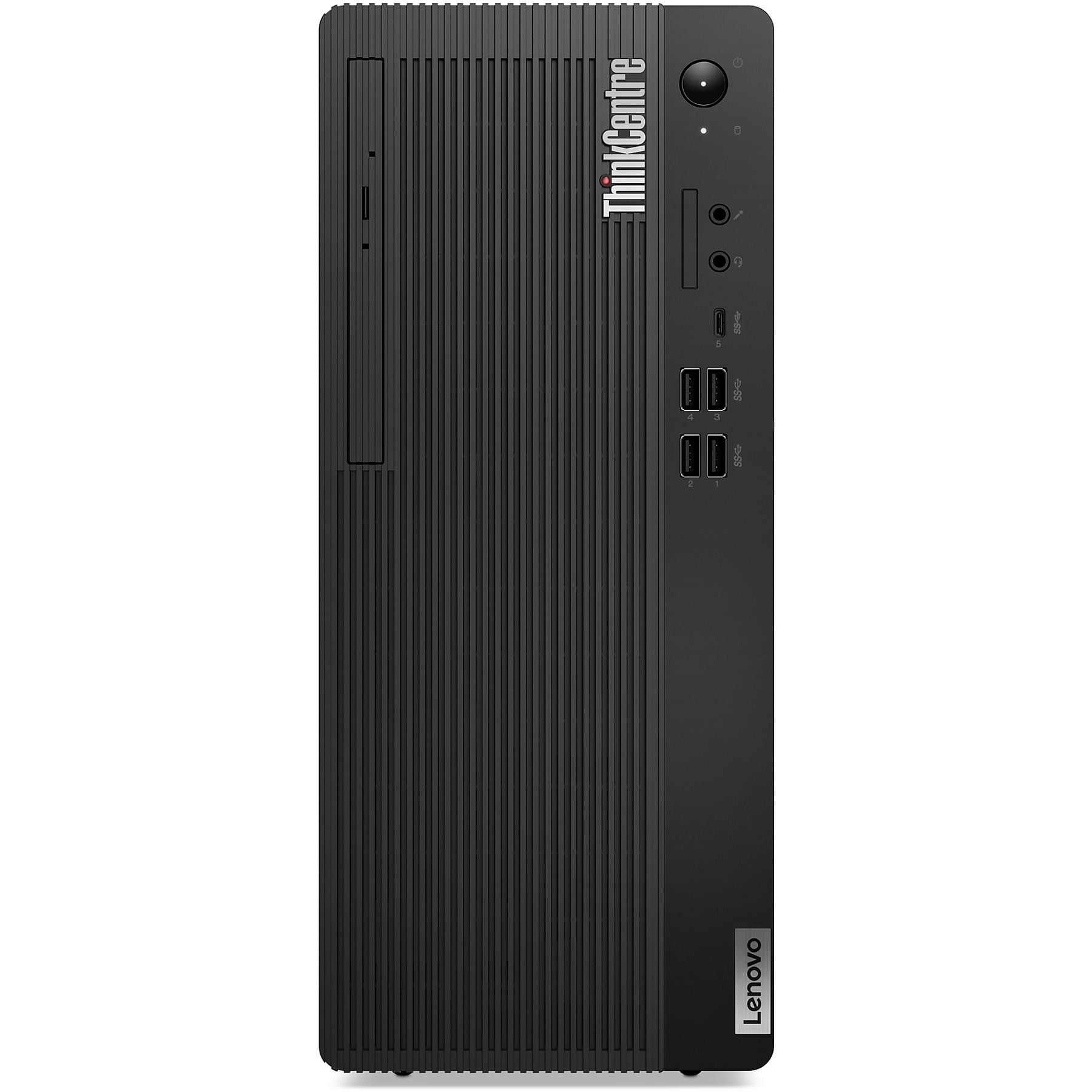 PC Lenovo ThinkCentre nero con fessure di ventilazione e porte frontali.