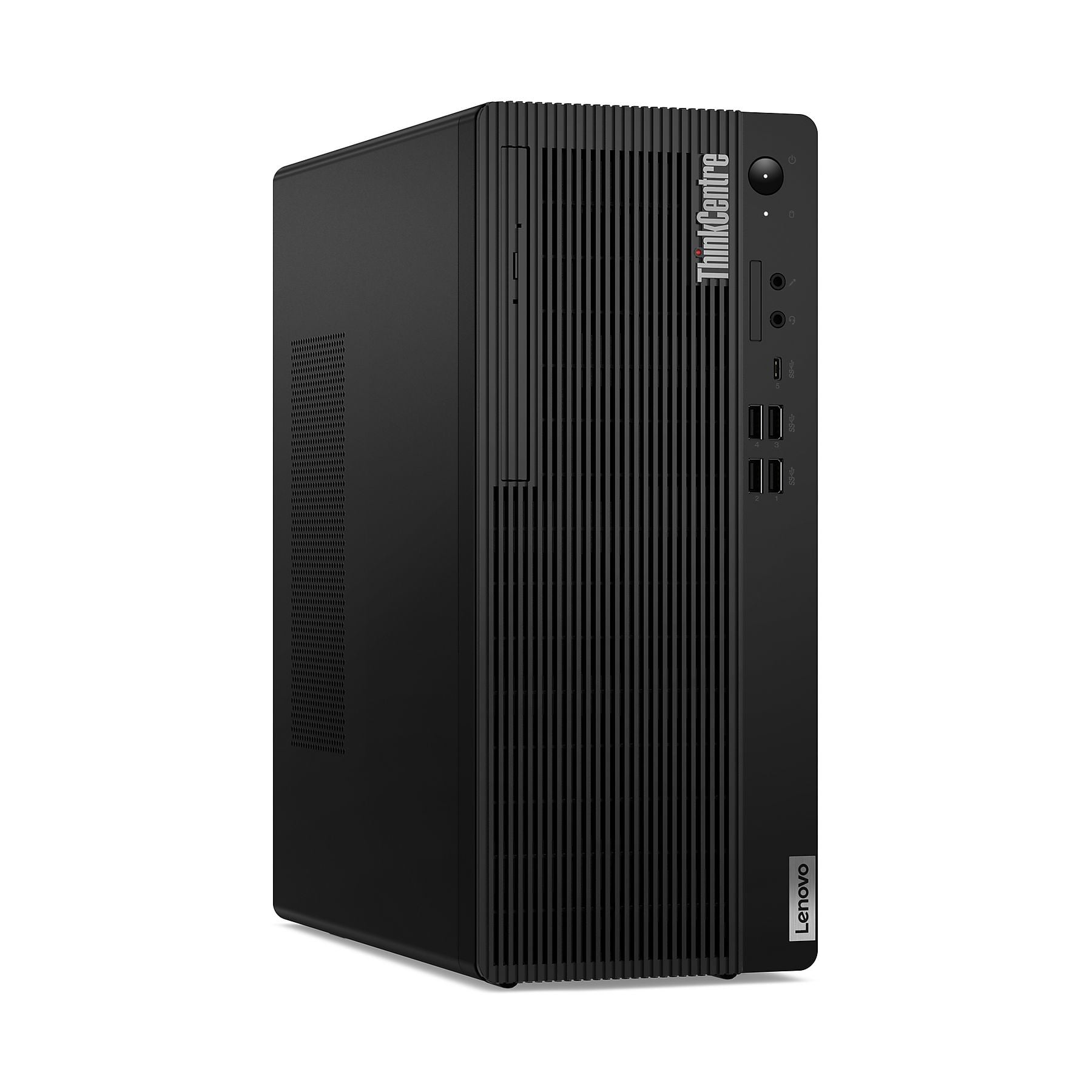 PC desktop Lenovo ThinkCentre nero con scanalature verticali frontali.