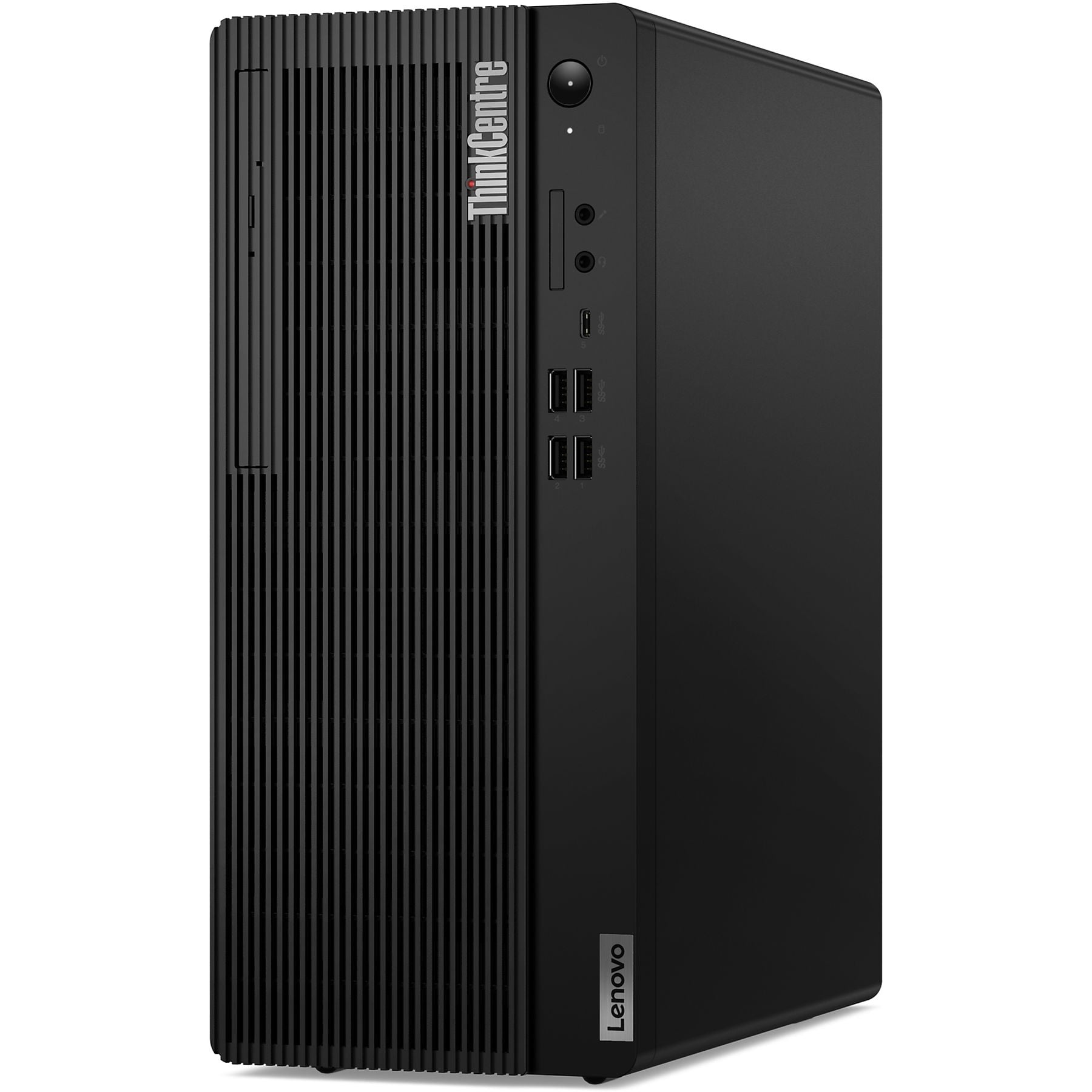 Un computer desktop Lenovo ThinkCentre nero con prese d'aria verticali e porte.