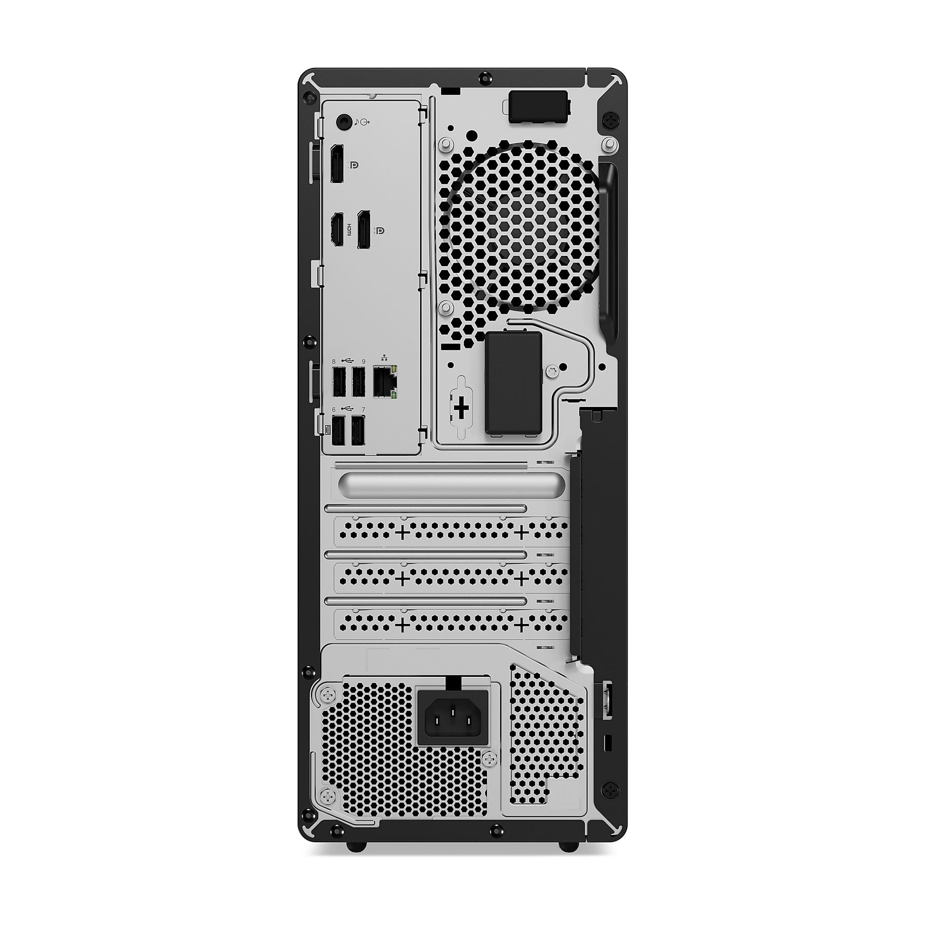 Retro di un PC con porte: USB, HDMI, alimentazione e griglie ventola.