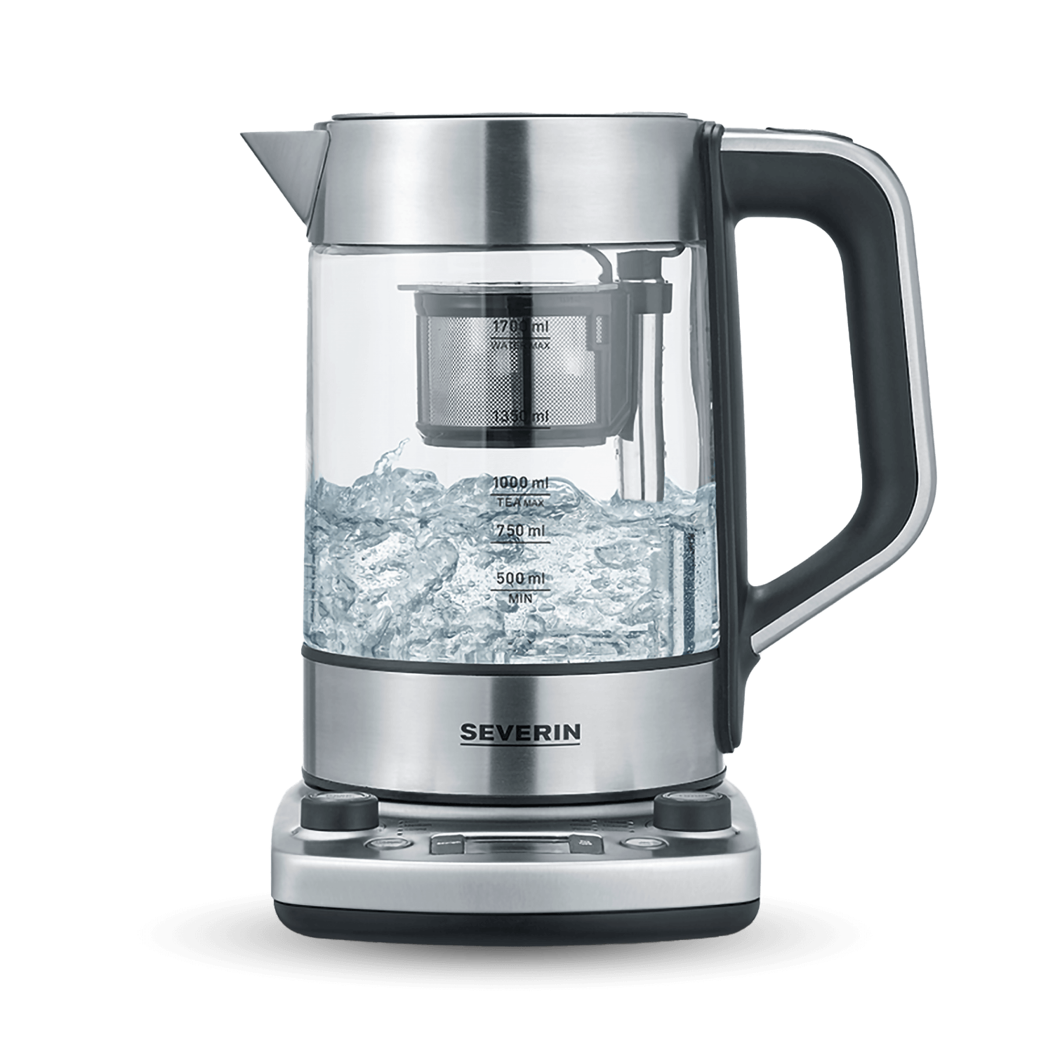Szklany czajnik z srebrnymi akcentami i czarnym uchwytem, wypełniony wodą.