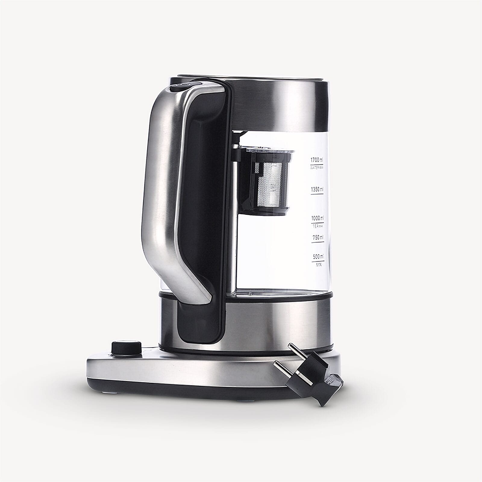 Nowoczesny czajnik elektryczny ze szklanym korpusem, stalowymi akcentami i wbudowanym sitkiem.