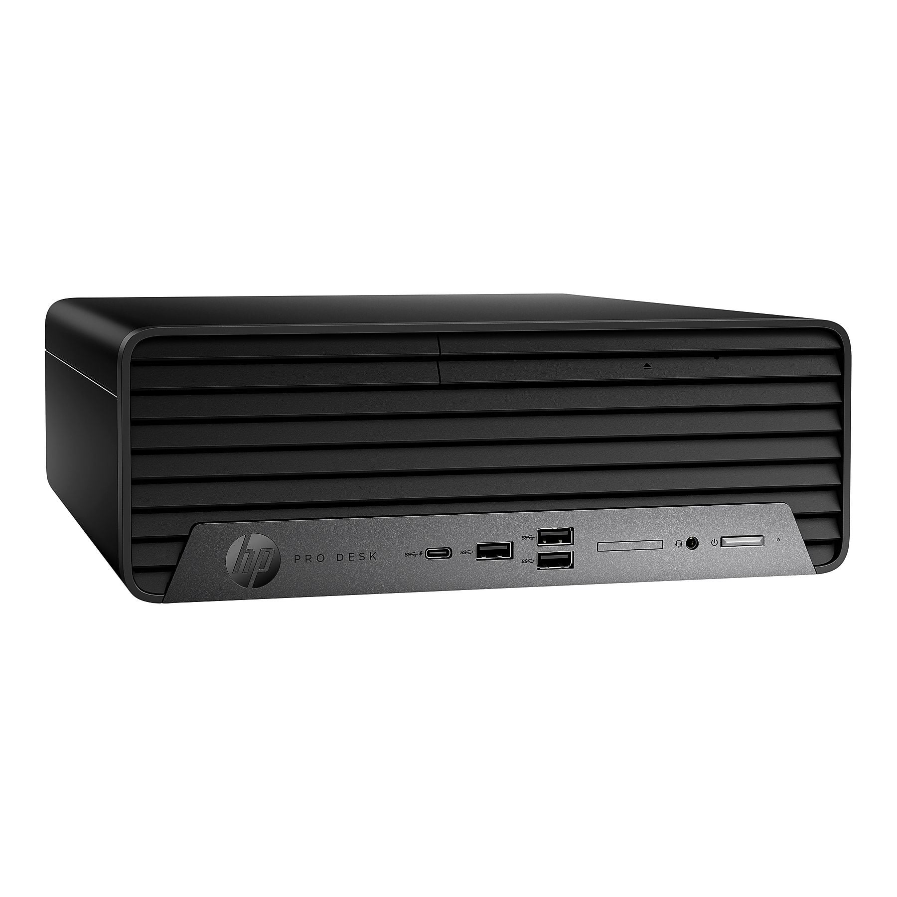 Computer HP Pro Desk nero con prese d'aria e porte.