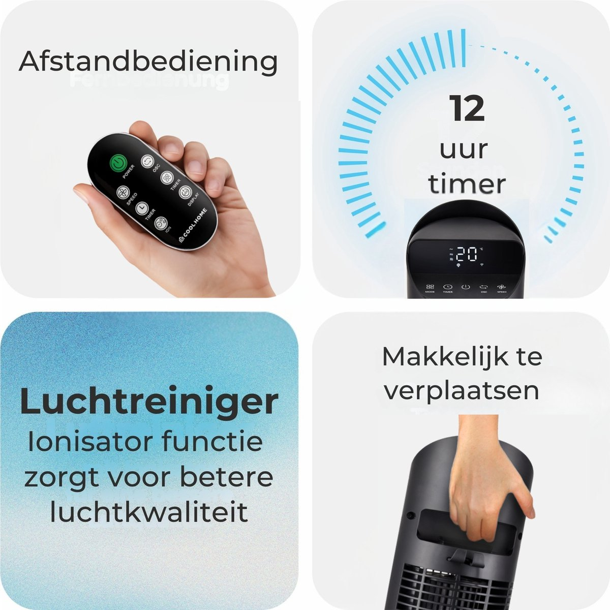 Een hand houdt afstandsbediening vast. Ventilator toont 12-uurs timer. Luchtreiniger tekst. Hand draagt ventilator.