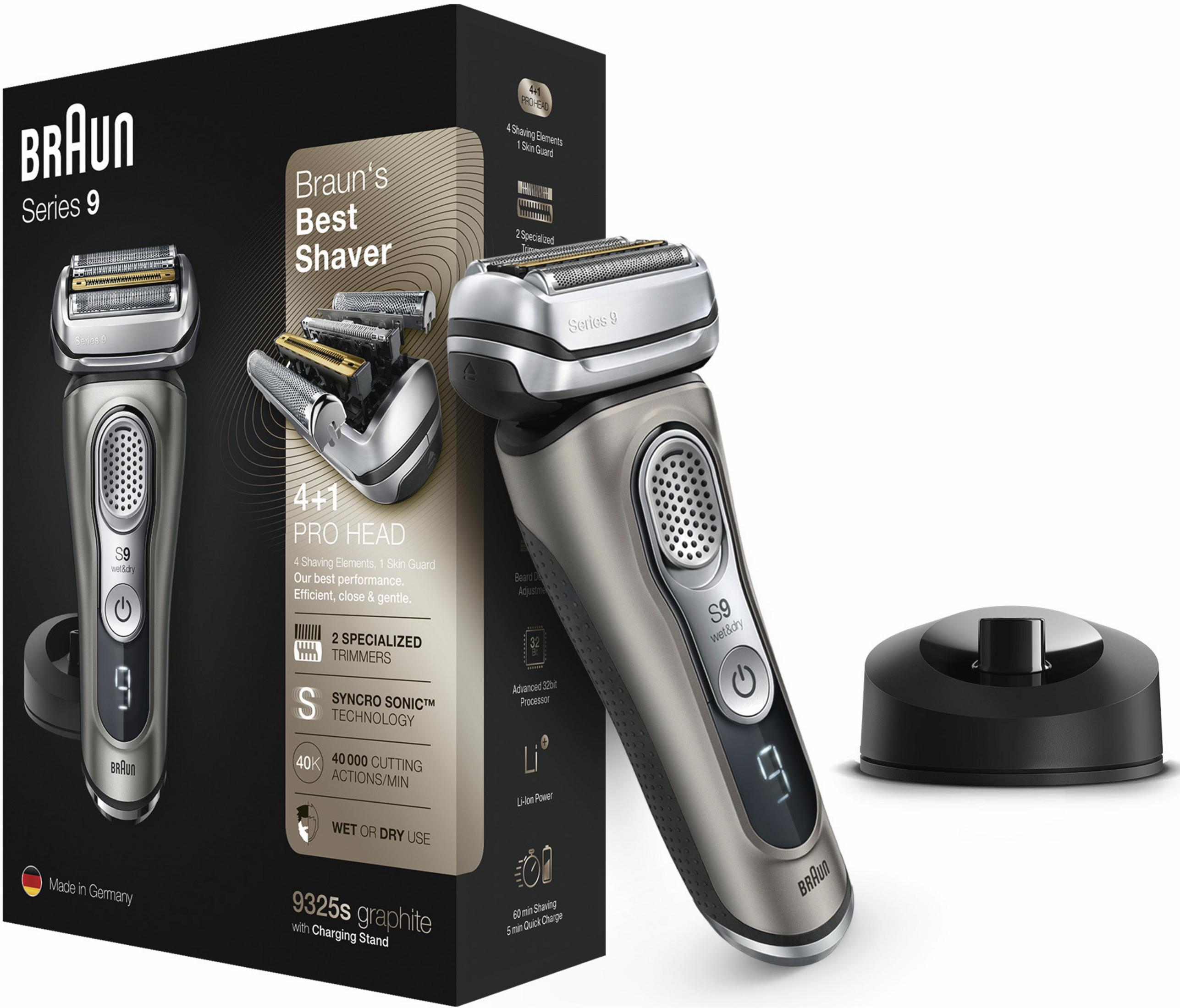 Rasoio Braun Serie 9 con base di ricarica. Grigio, argento. Made in Germany.