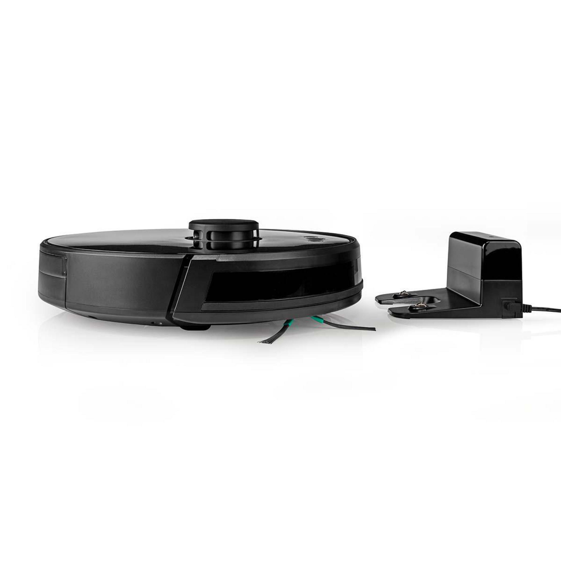 Czarny robot sprzątający ze stacją ładującą na białym tle.