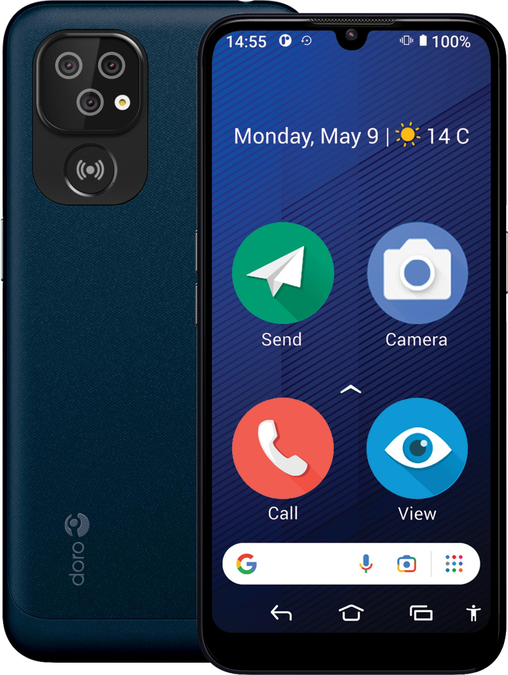 Ein dunkelblaues Doro Smartphone mit Kamera und Apps auf dem Bildschirm.