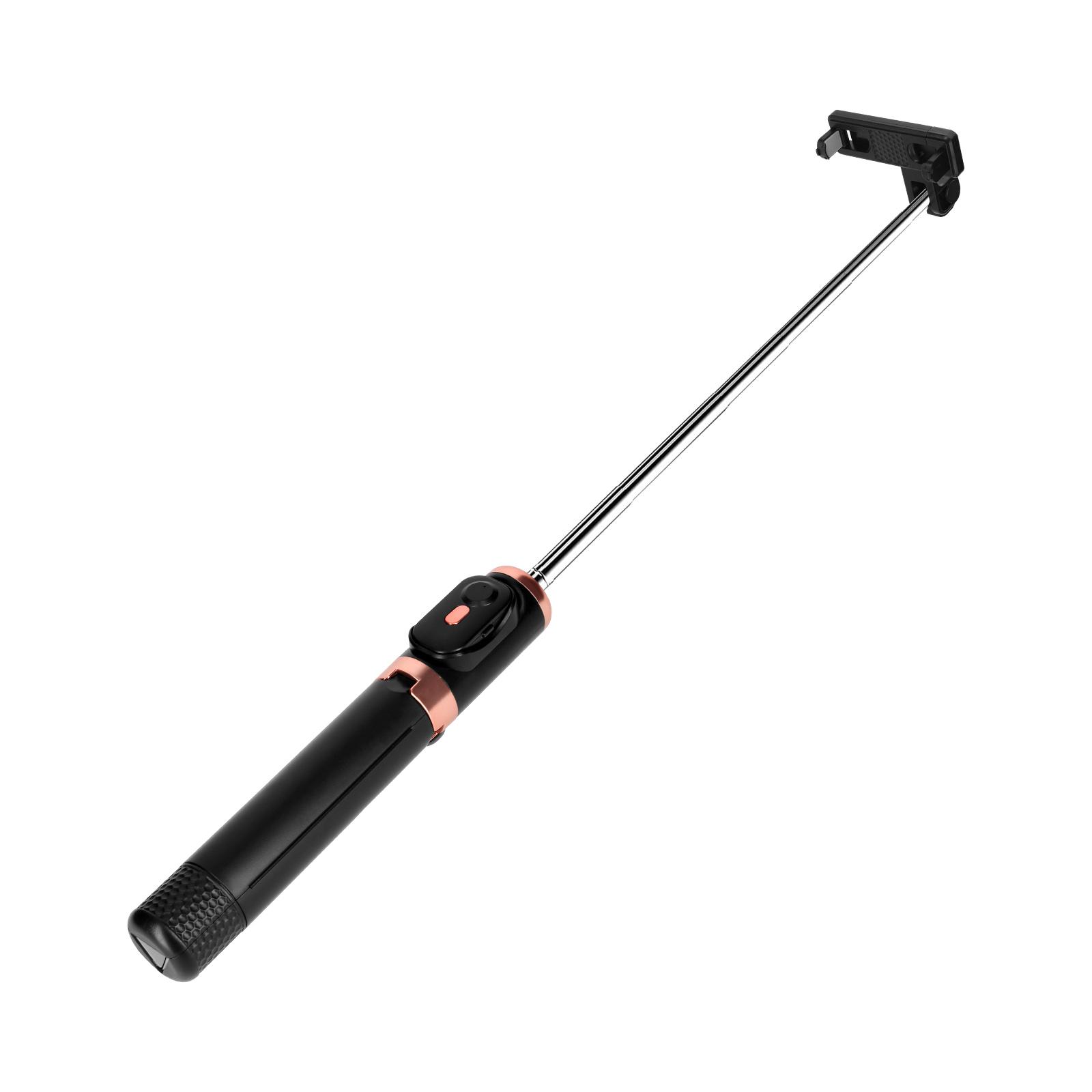 Un selfie stick nero con asta metallica estensibile e supporto nero.