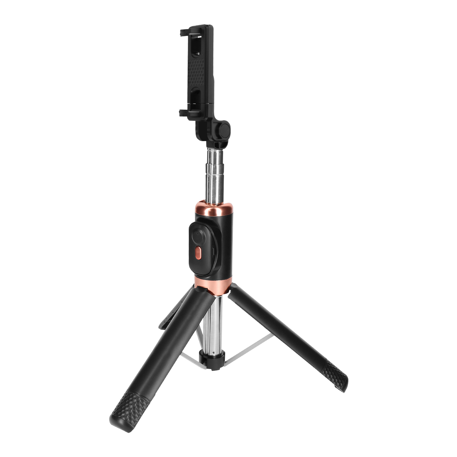 Un treppiede selfie stick nero con porta telefono e pulsante di scatto.
