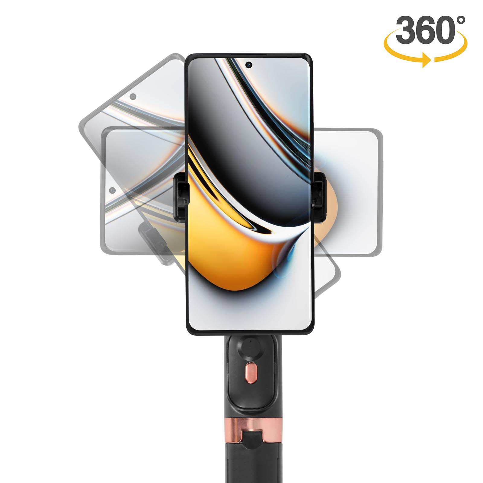 Smartphone su un selfie stick con icona a 360 gradi.