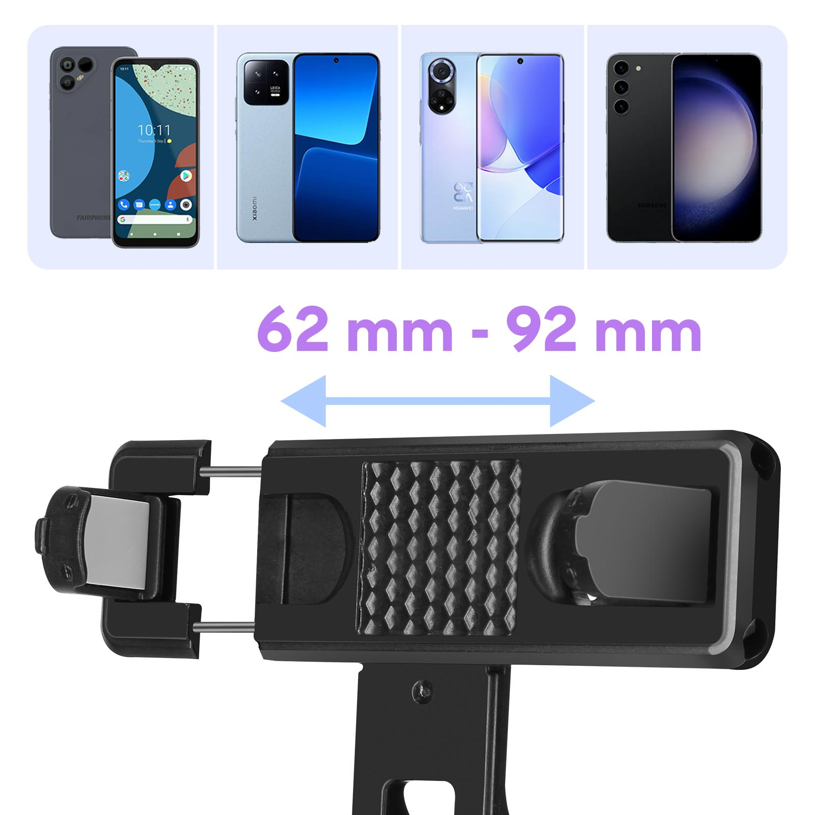 Quattro smartphone affiancati con intervallo di dimensioni 62-92mm e supporto.