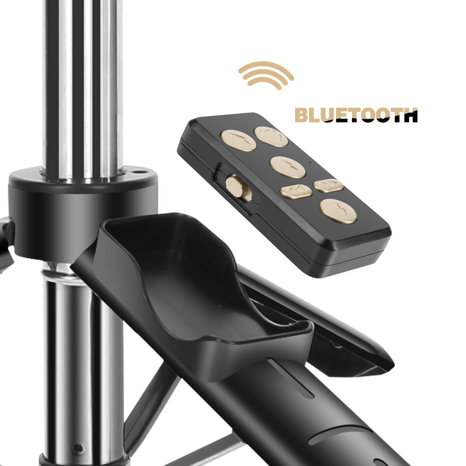 Un'impugnatura per telecomando Bluetooth nera è attaccata a un treppiede.