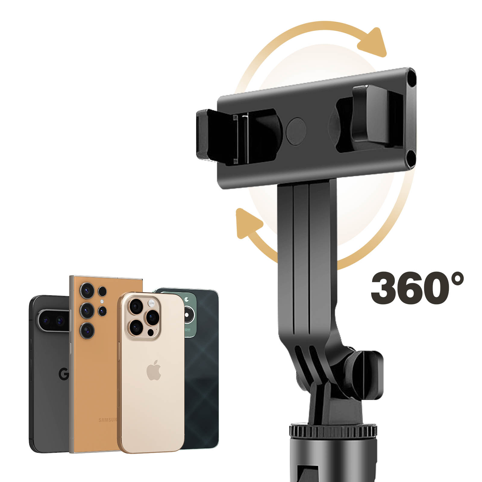 Supporto nero per telefono con rotazione a 360 gradi, con vari smartphone accanto.