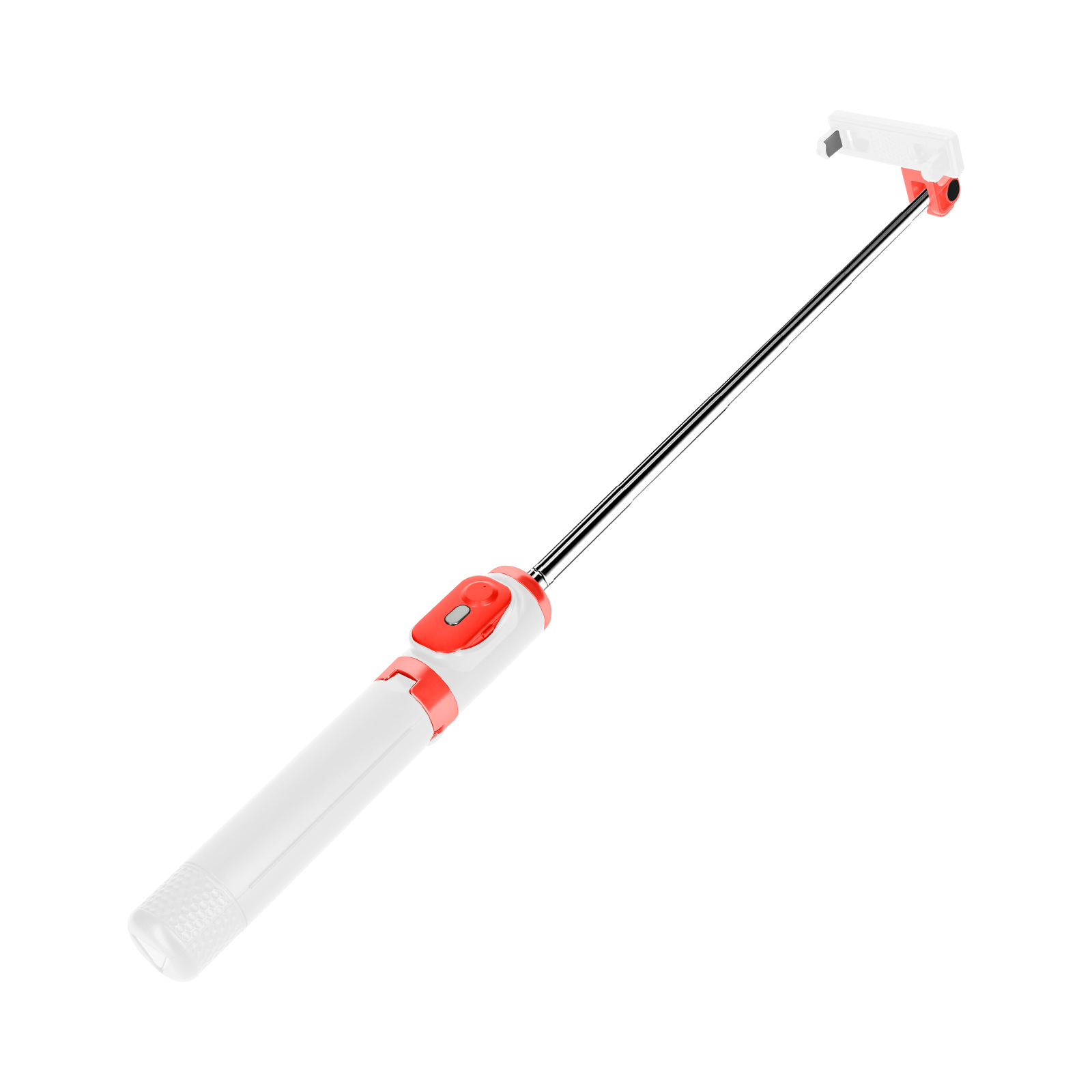 Un selfie stick bianco con accenti rossi, esteso con un'asta metallica.