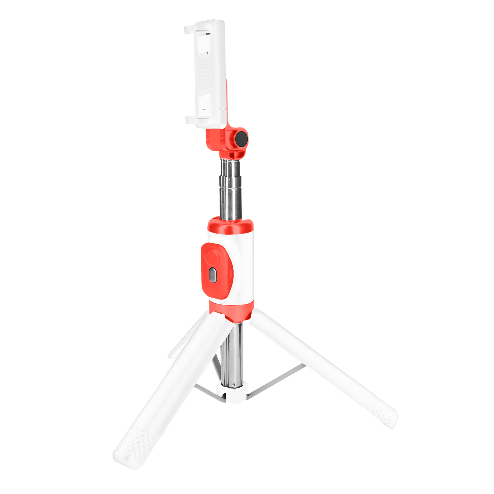 Un selfie stick bianco e rosso con base a treppiede e supporto per telefono.