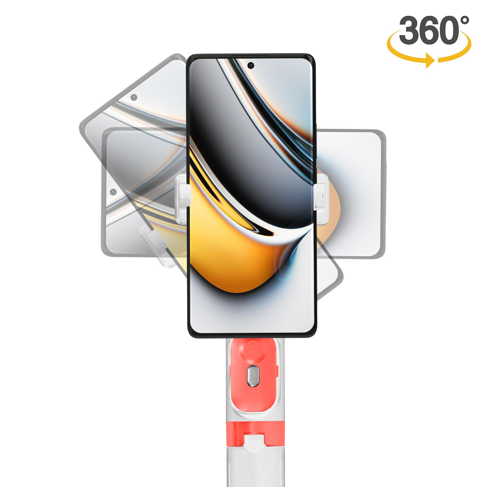 Uno smartphone su un selfie stick rotante con icona 360°.