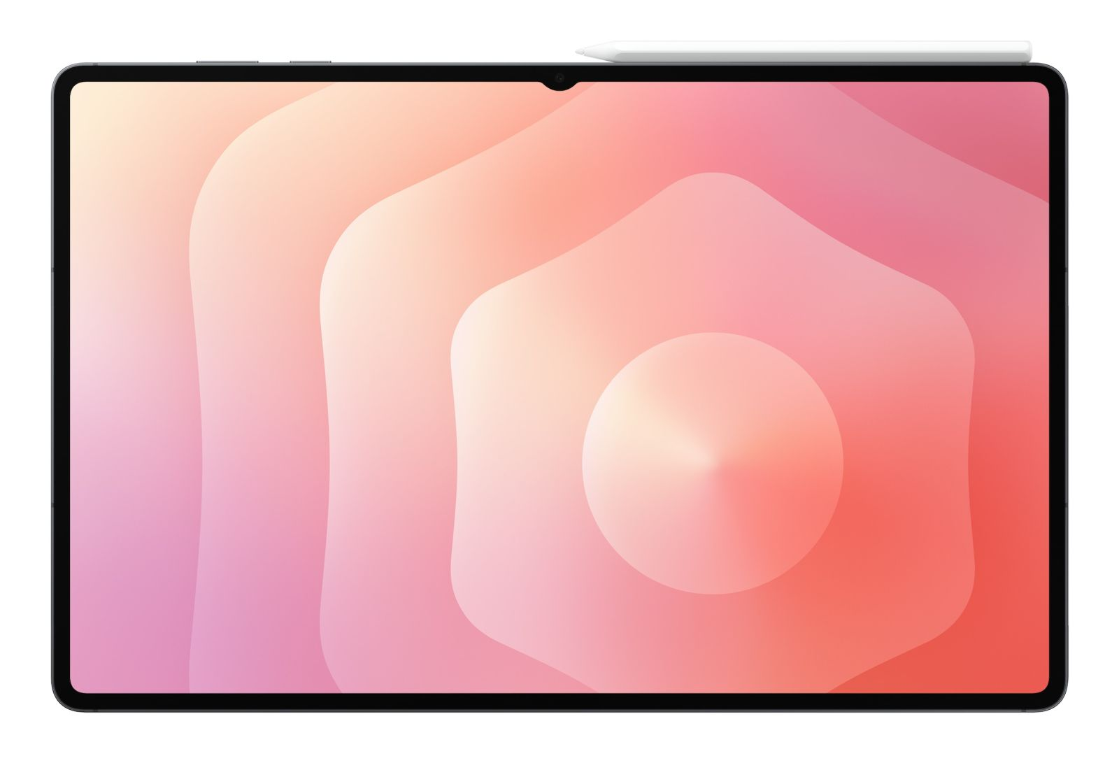 Tablet z rysikiem, wyświetlający abstrakcyjne tło w kolorach różowym i pomarańczowym.