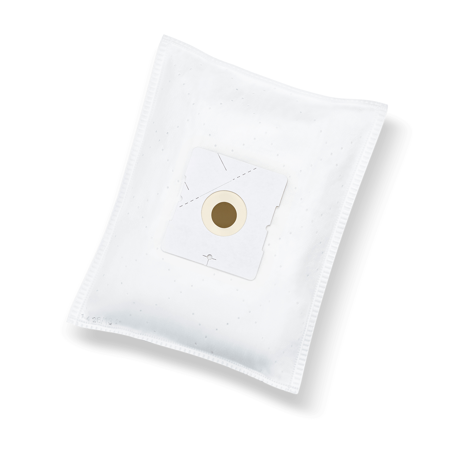 Biały worek do odkurzacza z brązowym złączem na czarnym tle.