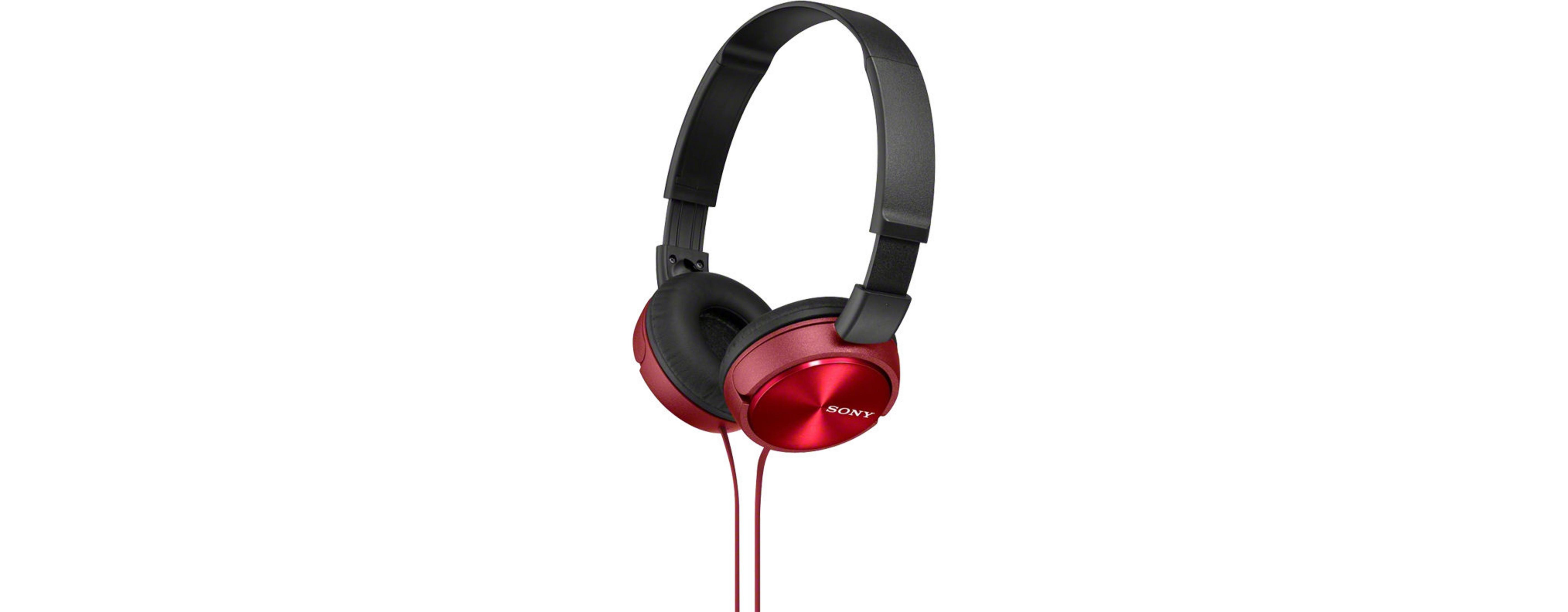 Rote Sony Kopfhörer mit schwarzem Bügel und Kabel, auf weißem Hintergrund.