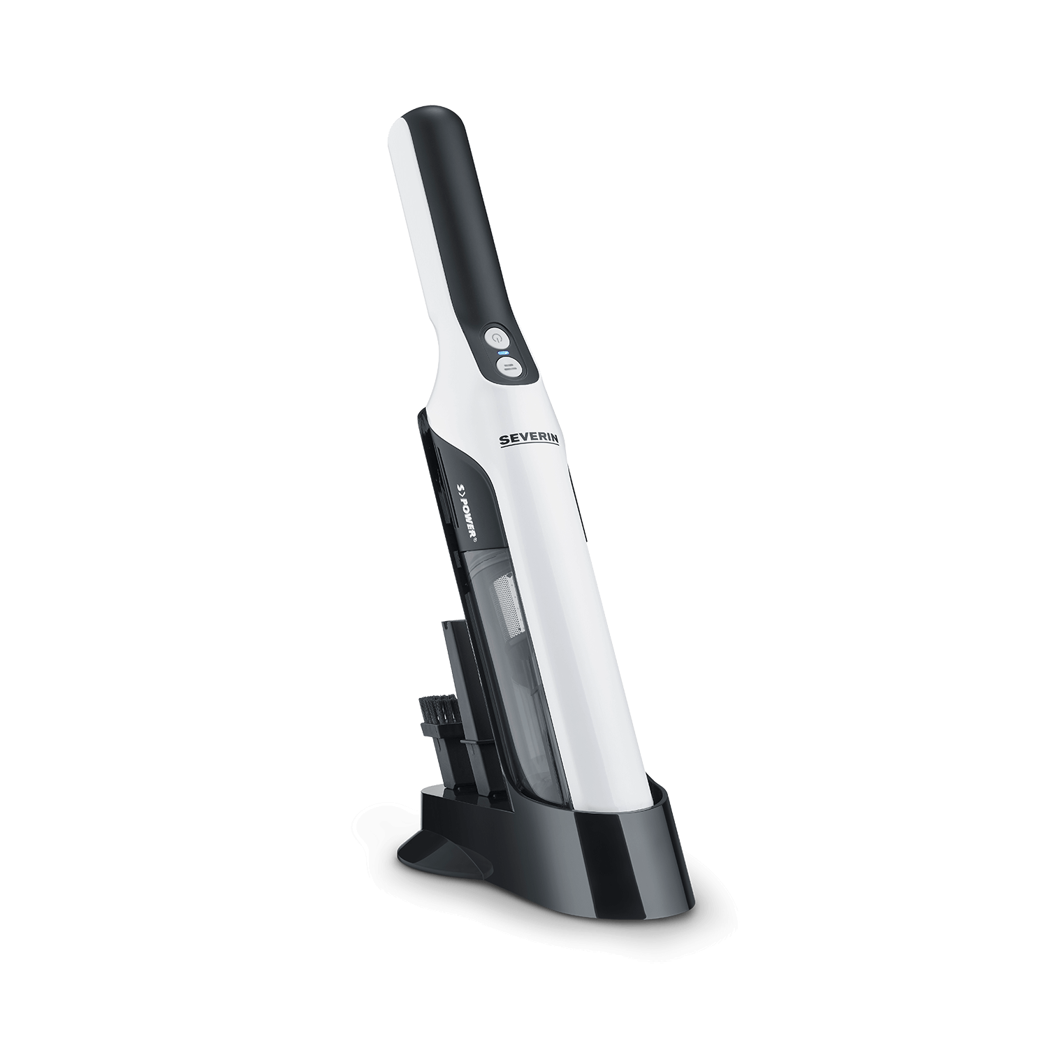 Biały i czarny odkurzacz ręczny na stacji ładującej.