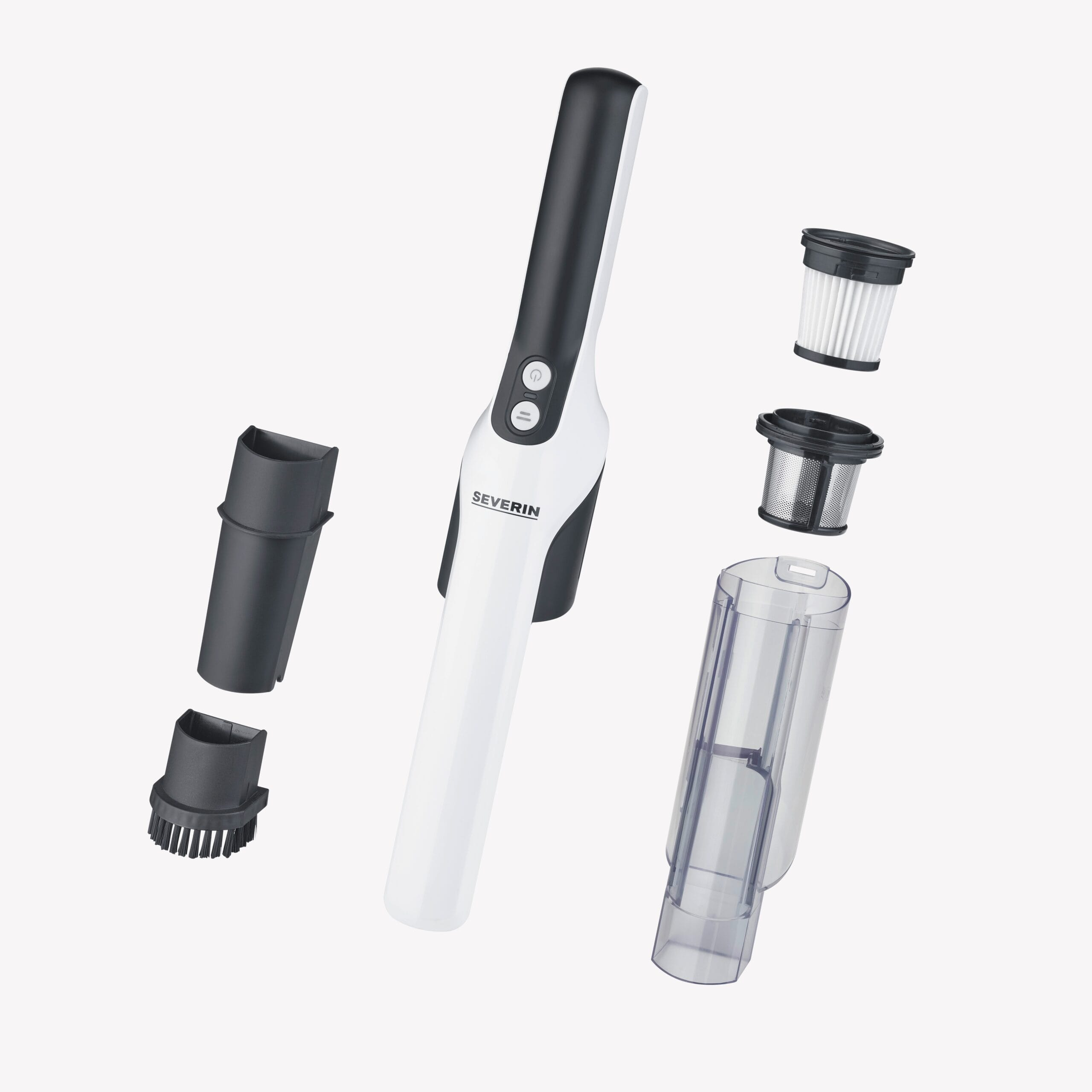 Biało-czarny odkurzacz ręczny z akcesoriami.