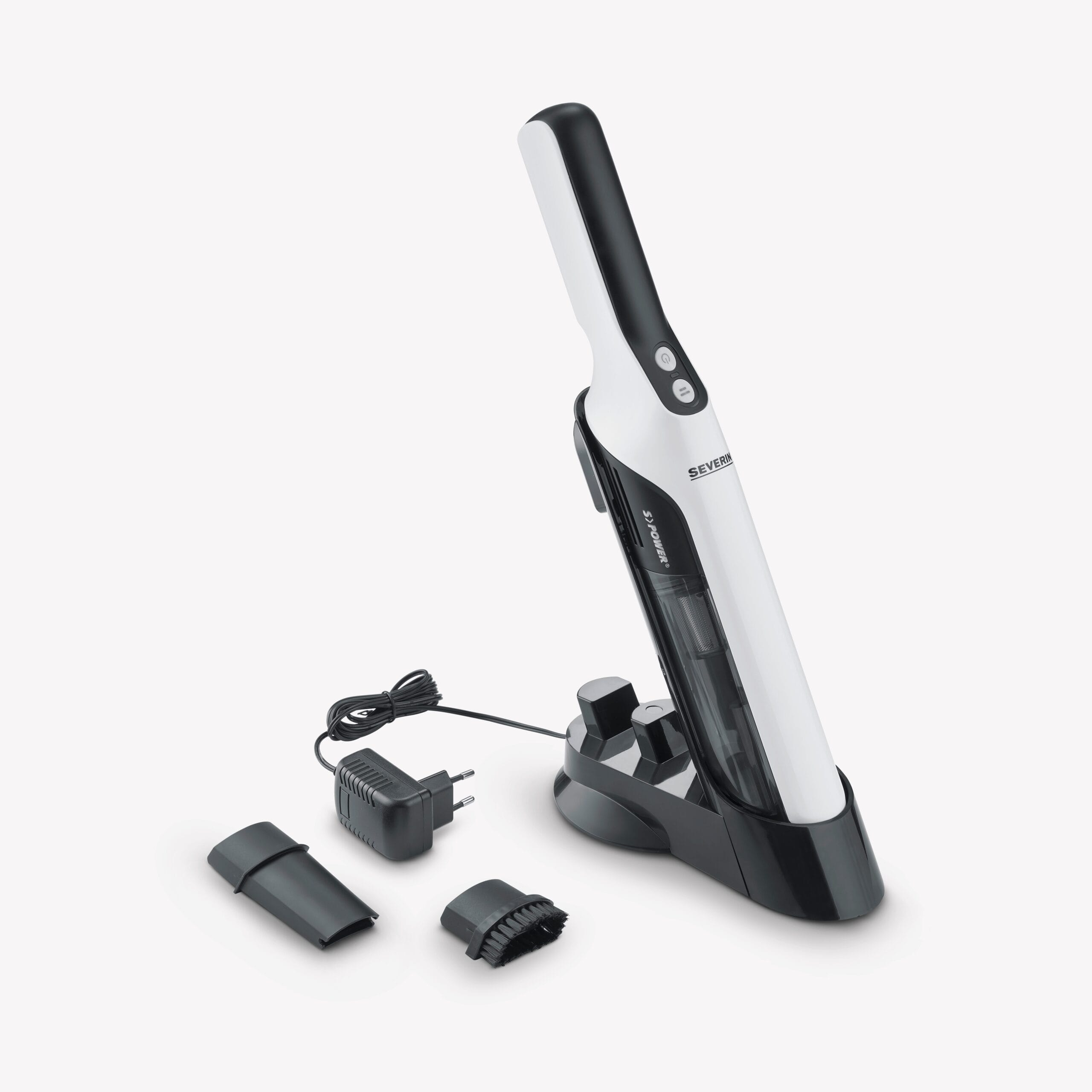 Biało-czarny ręczny odkurzacz akumulatorowy ze stacją ładującą, adapterem i akcesoriami.
