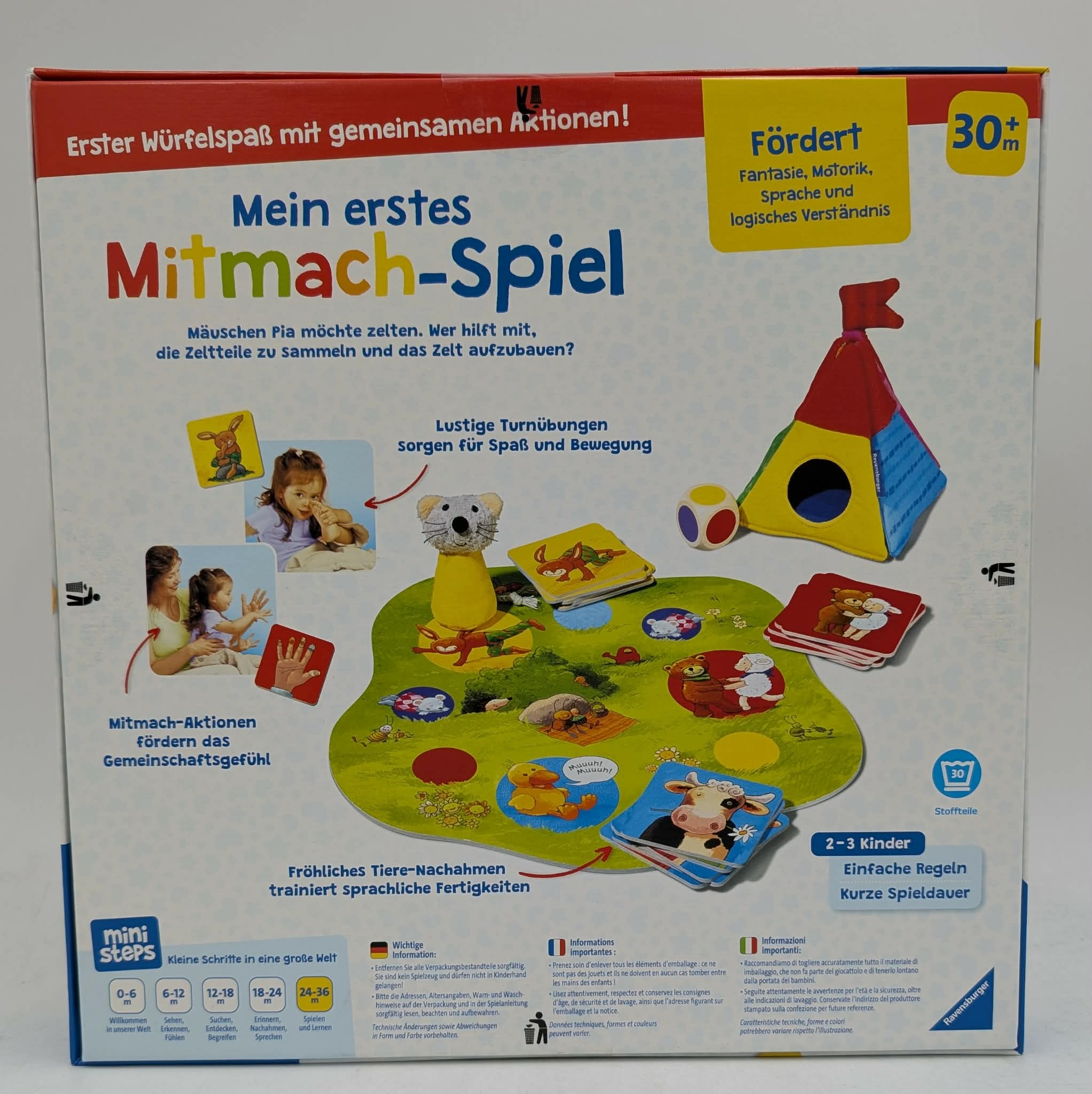Brettspiel mit Tieren, Kindern und einem Zelt. Fördert Fantasie und Motorik.