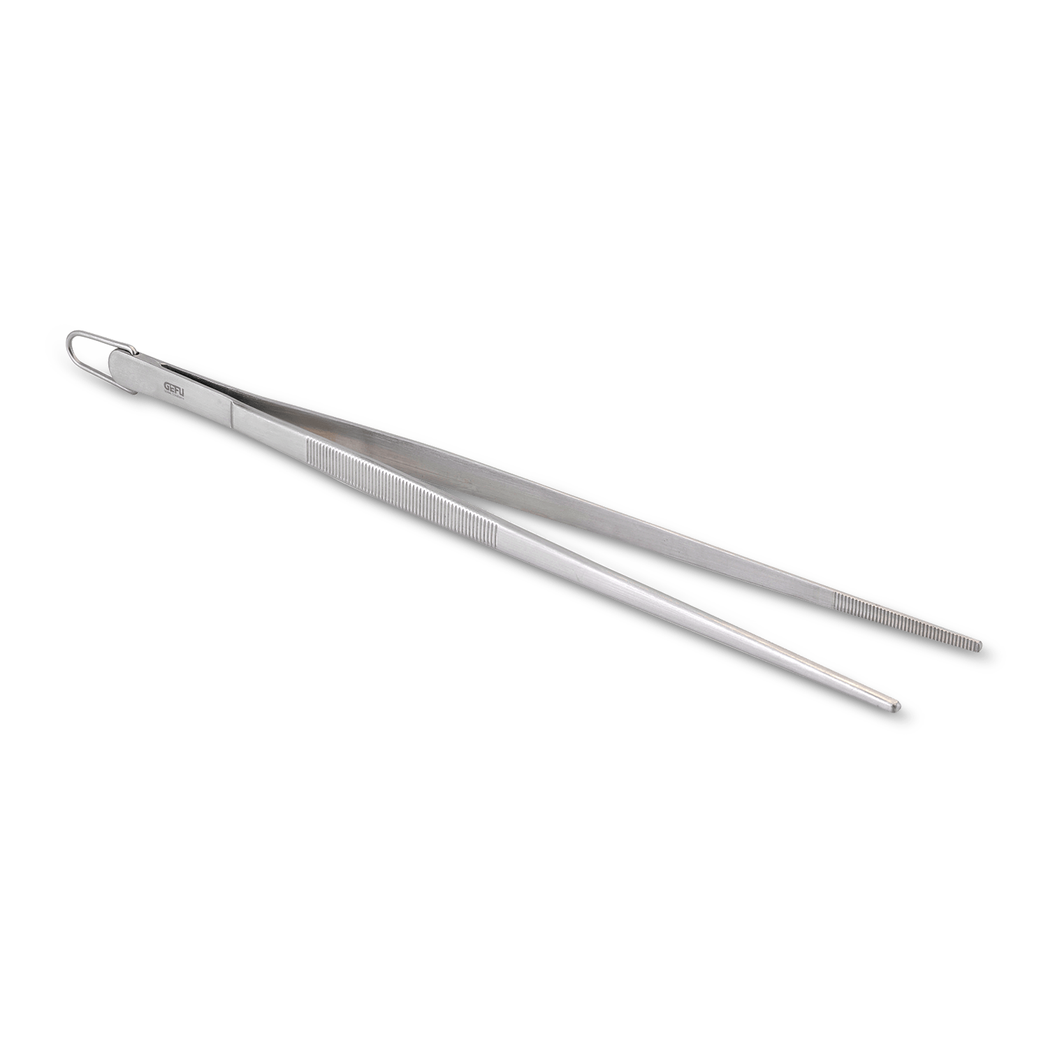 Eine silberne Metallpinzette mit geriffelten Spitzen und einem Haken.